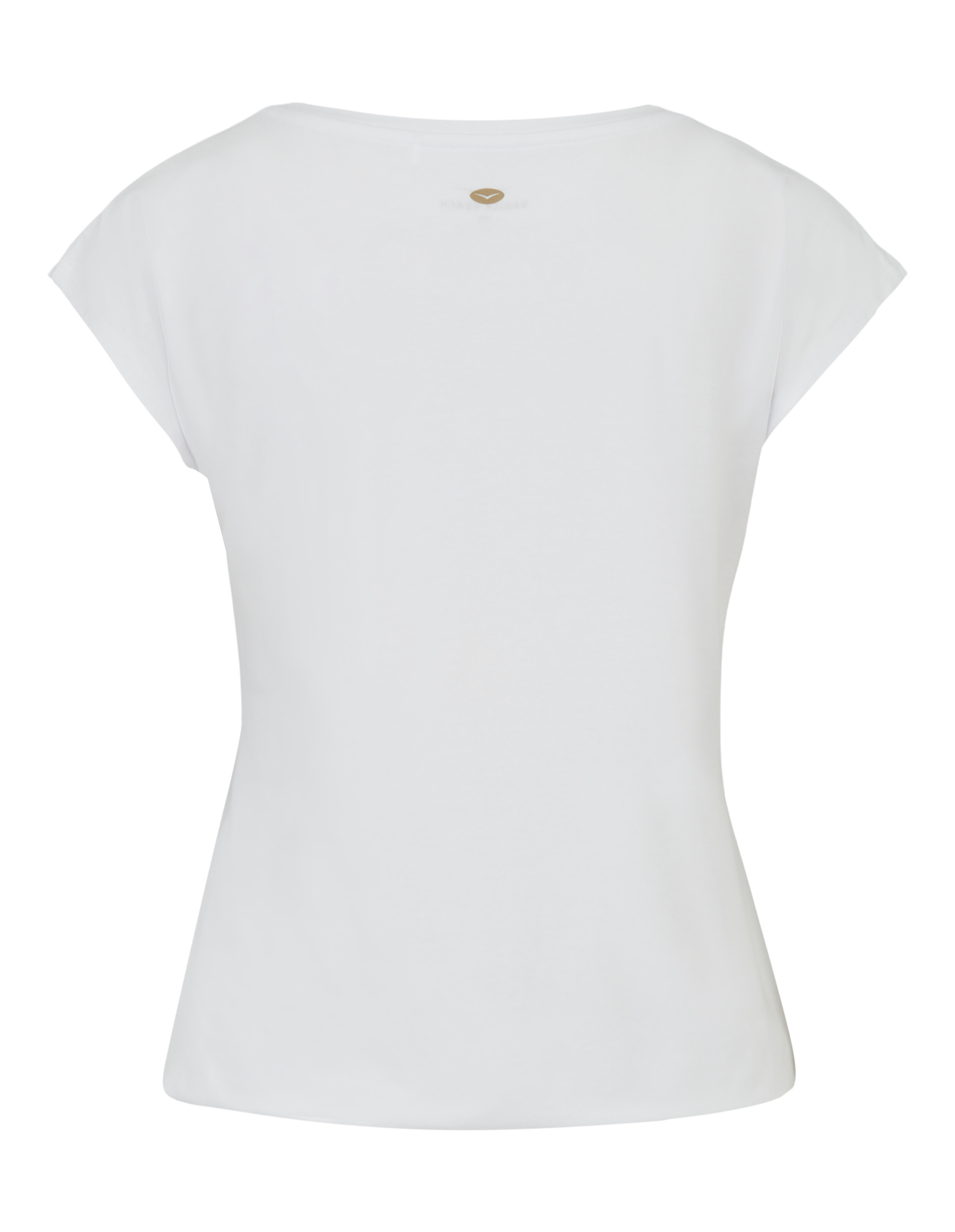 Rückansicht eines weißen Freizeit-T-Shirts mit kurzen Ärmeln und einem kleinen goldenen Logo-Detail.