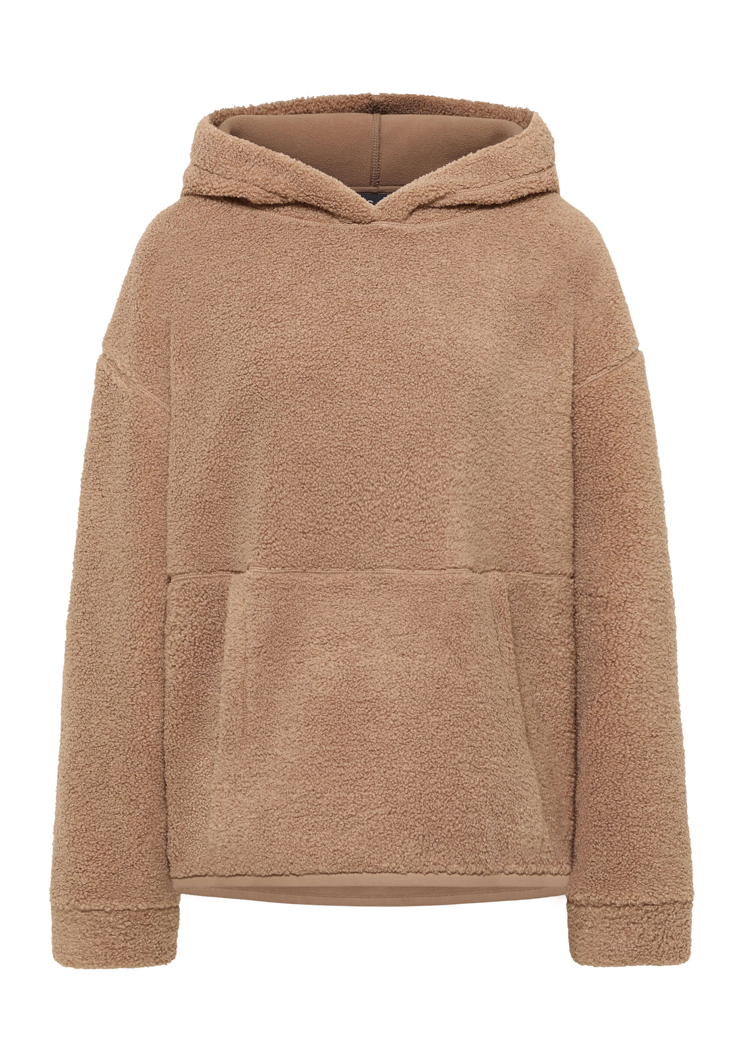 Kuscheliger beigefarbener Kapuzenpullover mit weicher Textur und Vordertasche.