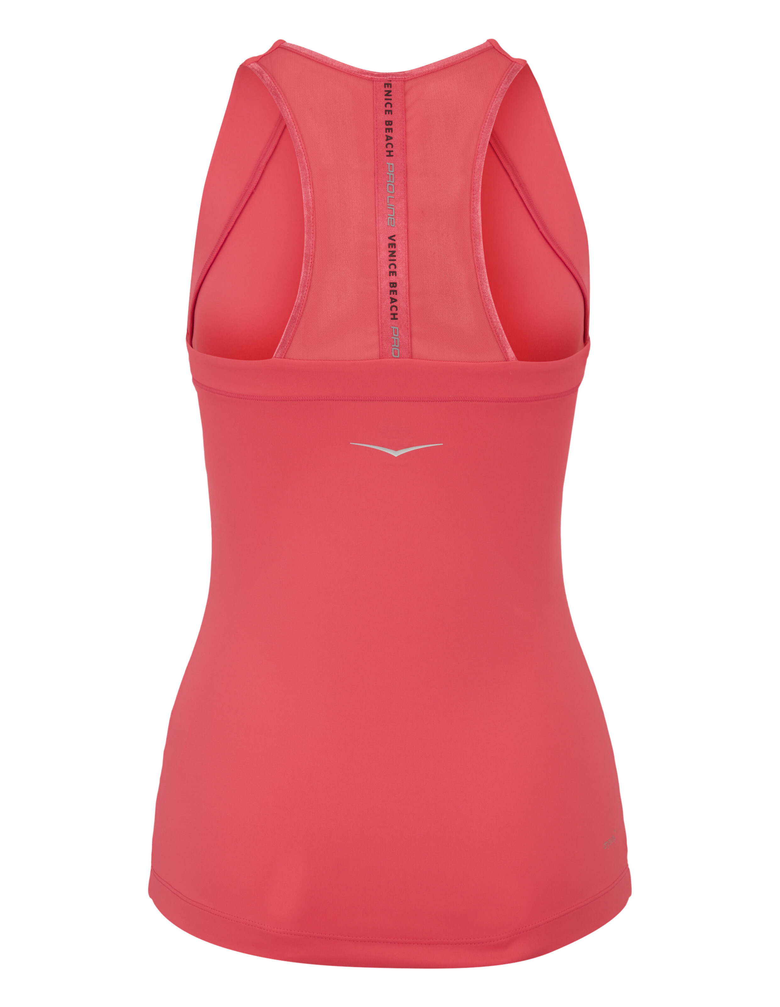Rückansicht eines korallenrosa Racerback-Tanktops mit Mesh-Detail für lässige Sportbekleidung.