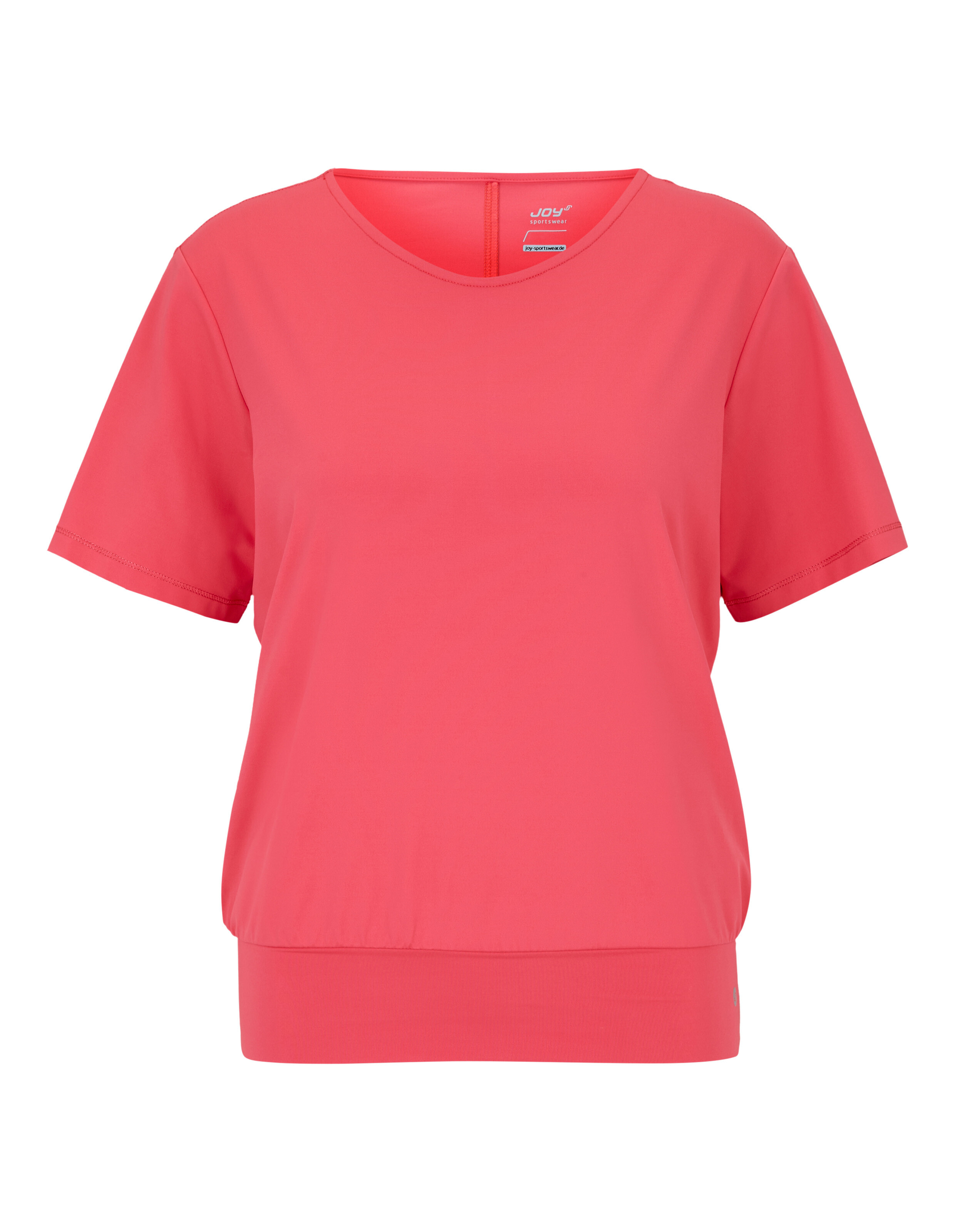 Ein korallfarbenes T-Shirt mit kurzen Ärmeln und einem leicht gerippten Saum.