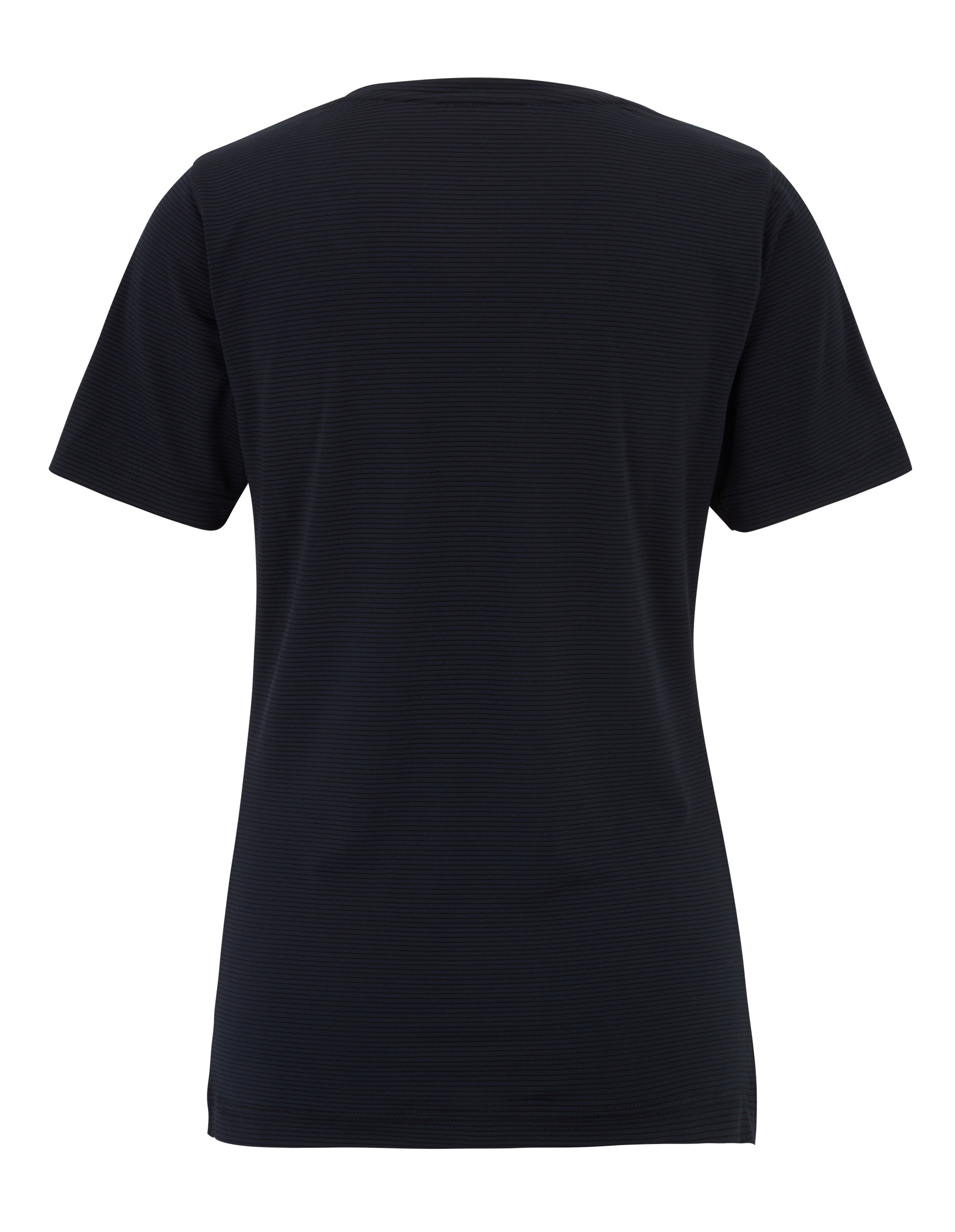 Schwarzes T-Shirt von hinten in gerader Passform mit kurzen Ärmeln, schlichtem Design, leichtem Stoff und kleinem Rundhalsausschnitt.