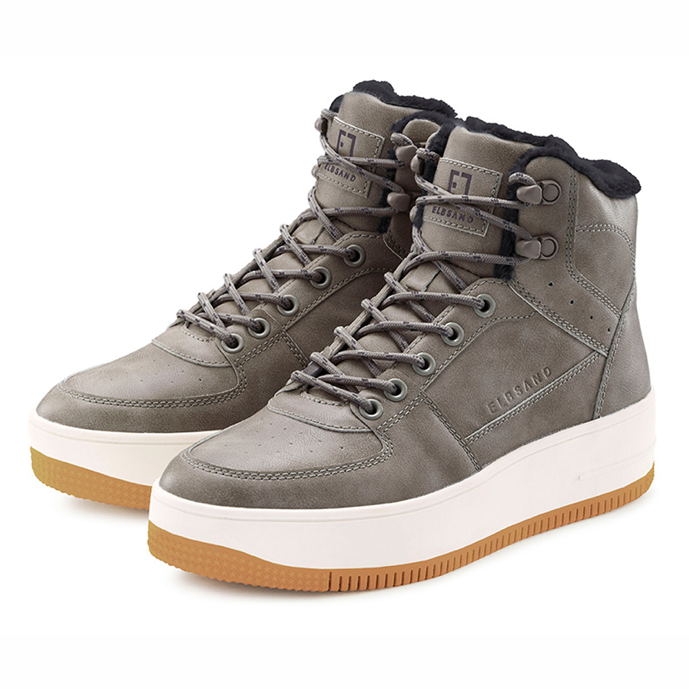Stylische graue High-Top-Sneaker mit Fellfutter und Gummisohle für Freizeitkleidung.
