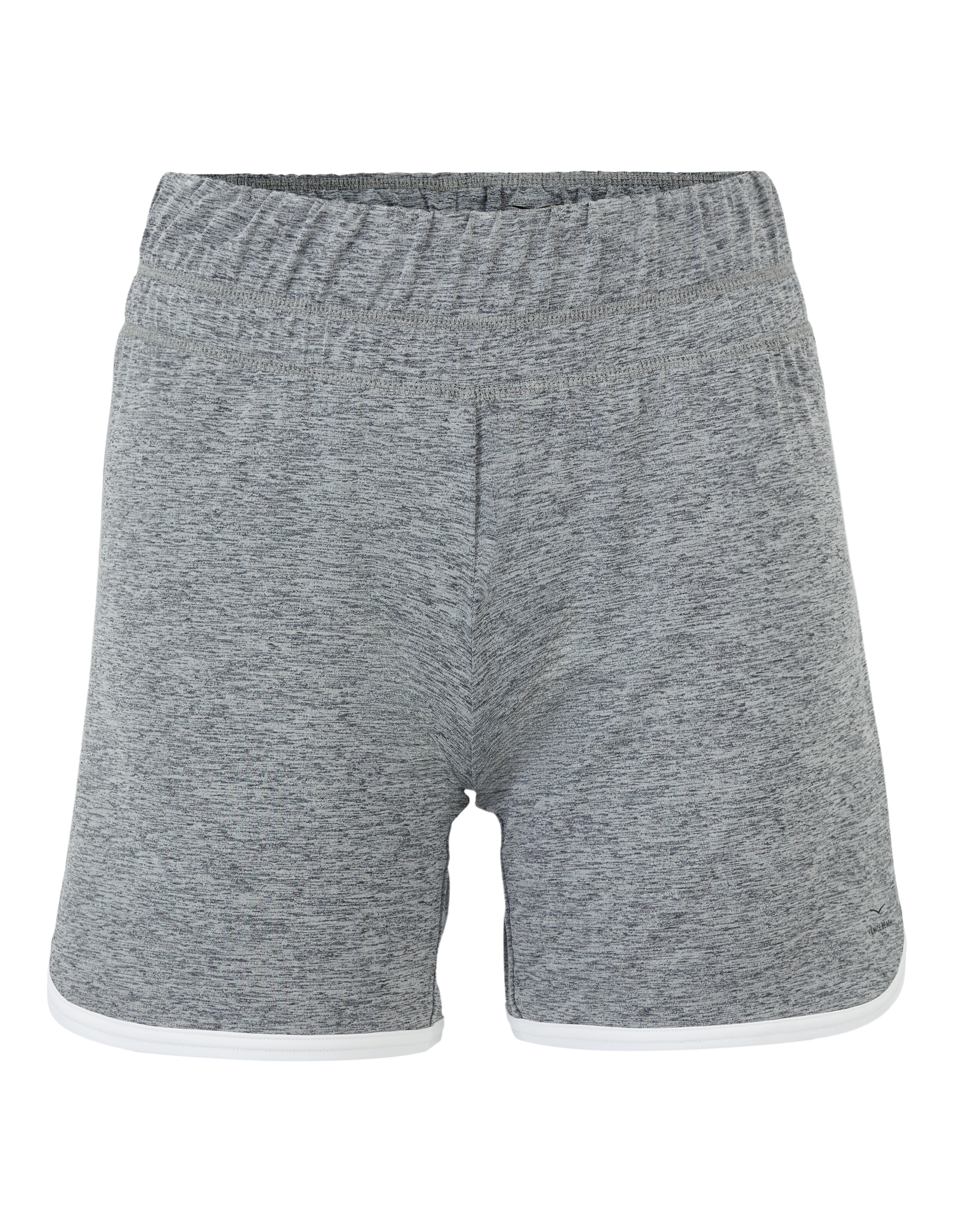 Grau melierte Lounge-Shorts mit elastischem Bund und weißen Zierdetails.