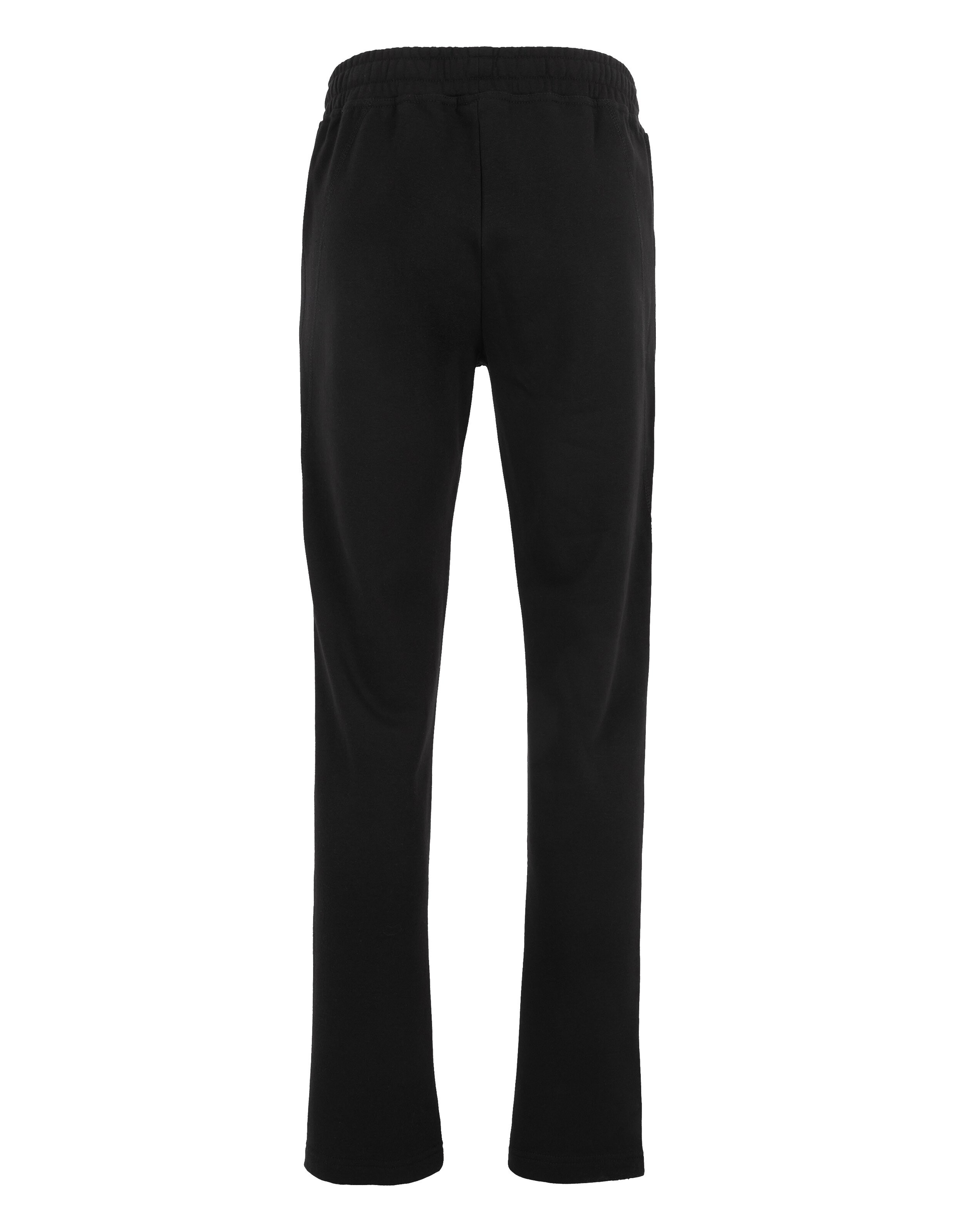Schwarze Jogginghose aus weichem Stoff mit elastischem Bund, von hinten gesehen, mit geradem Bein und lockerer Passform.