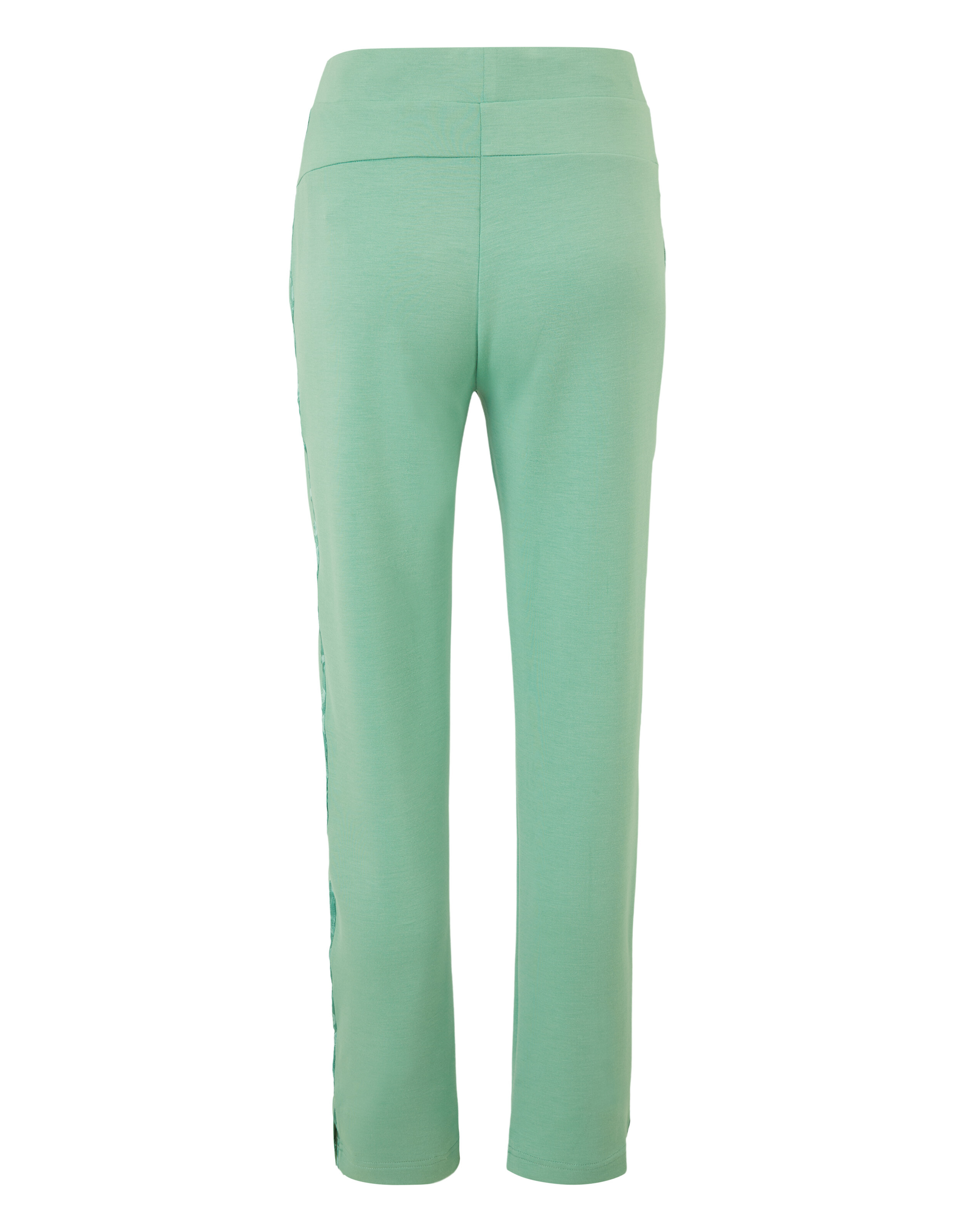 Mintgrüne Jogginghose mit hohem Bund und geradem Schnitt, Rückansicht, mit seitlichen Einsätzen für einen sportlichen Look.