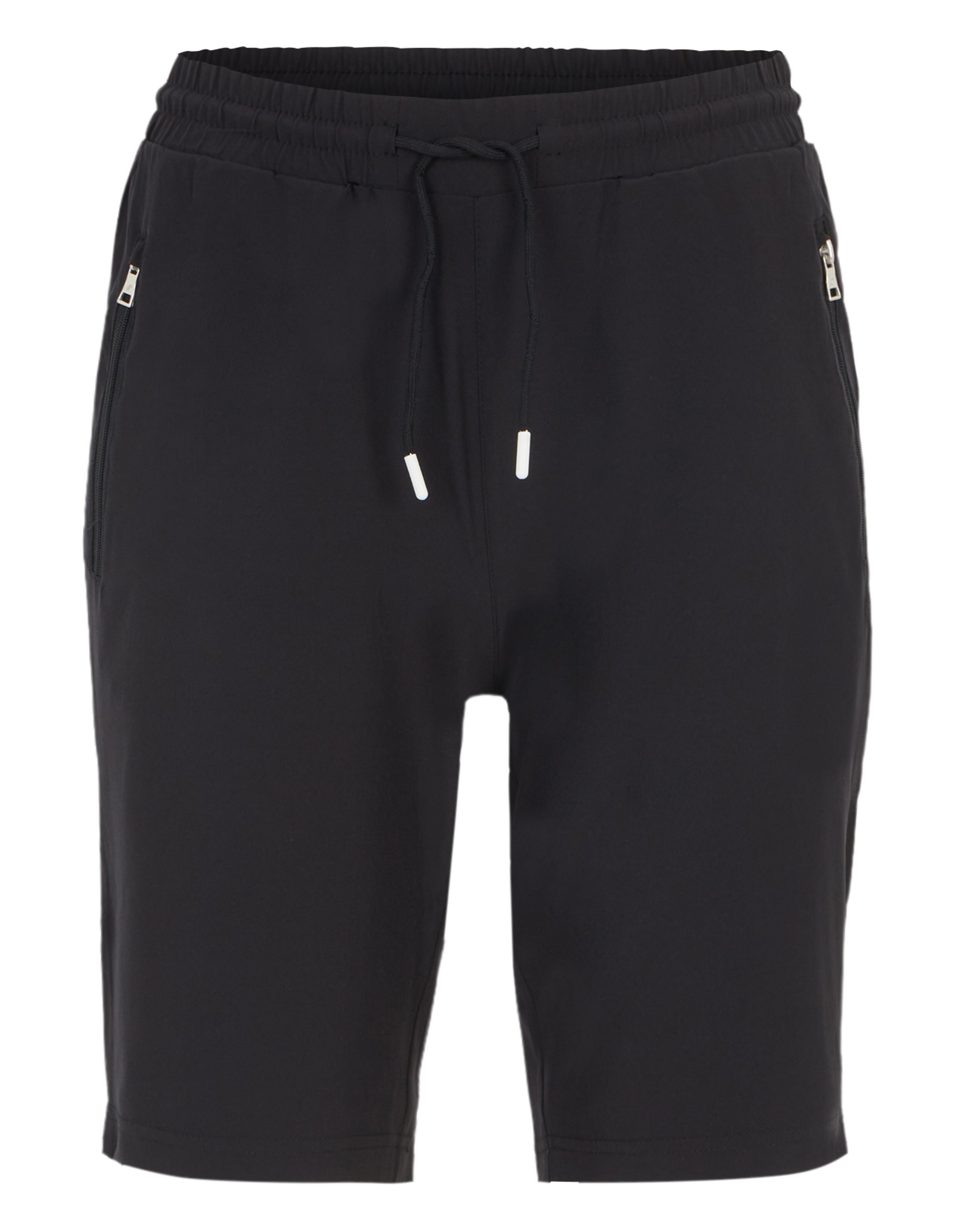 Schwarze, knielange Shorts mit elastischem Bund, Kordelzug und seitlichen Reißverschlusstaschen für einen sportlichen Look.