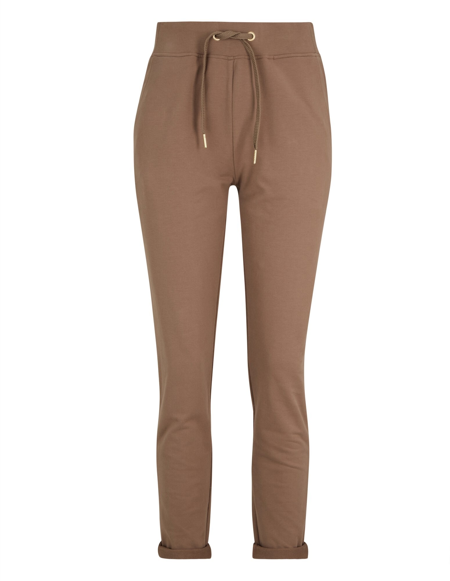 Gemütliche braune Jogginghose mit Kordelzug in der Taille und gerollten Bündchen für Freizeitkleidung.