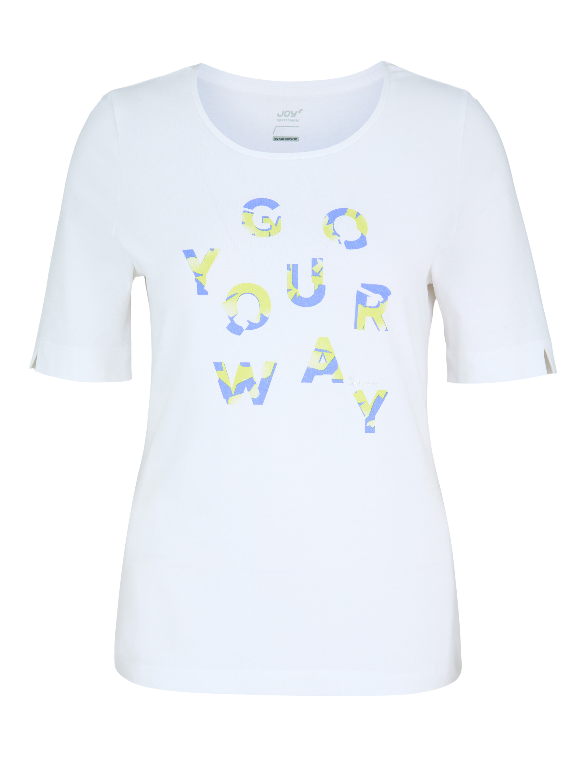 Weißes Kurzarm-Shirt mit blau-gelbem Schriftzug-Muster und geschlitzten Ärmelenden.