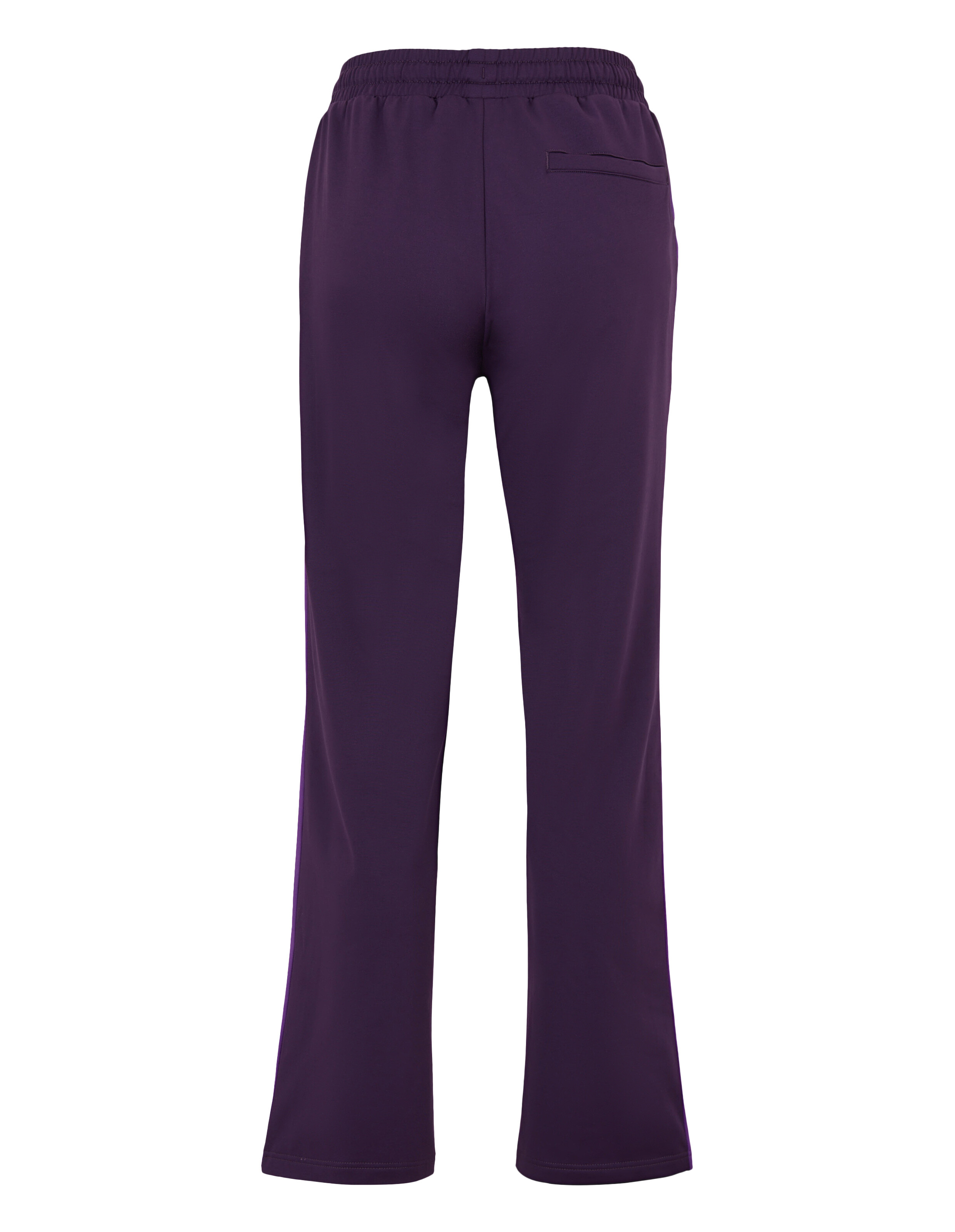 Rückansicht einer dunkelvioletten Freizeithose mit elastischem Bund.