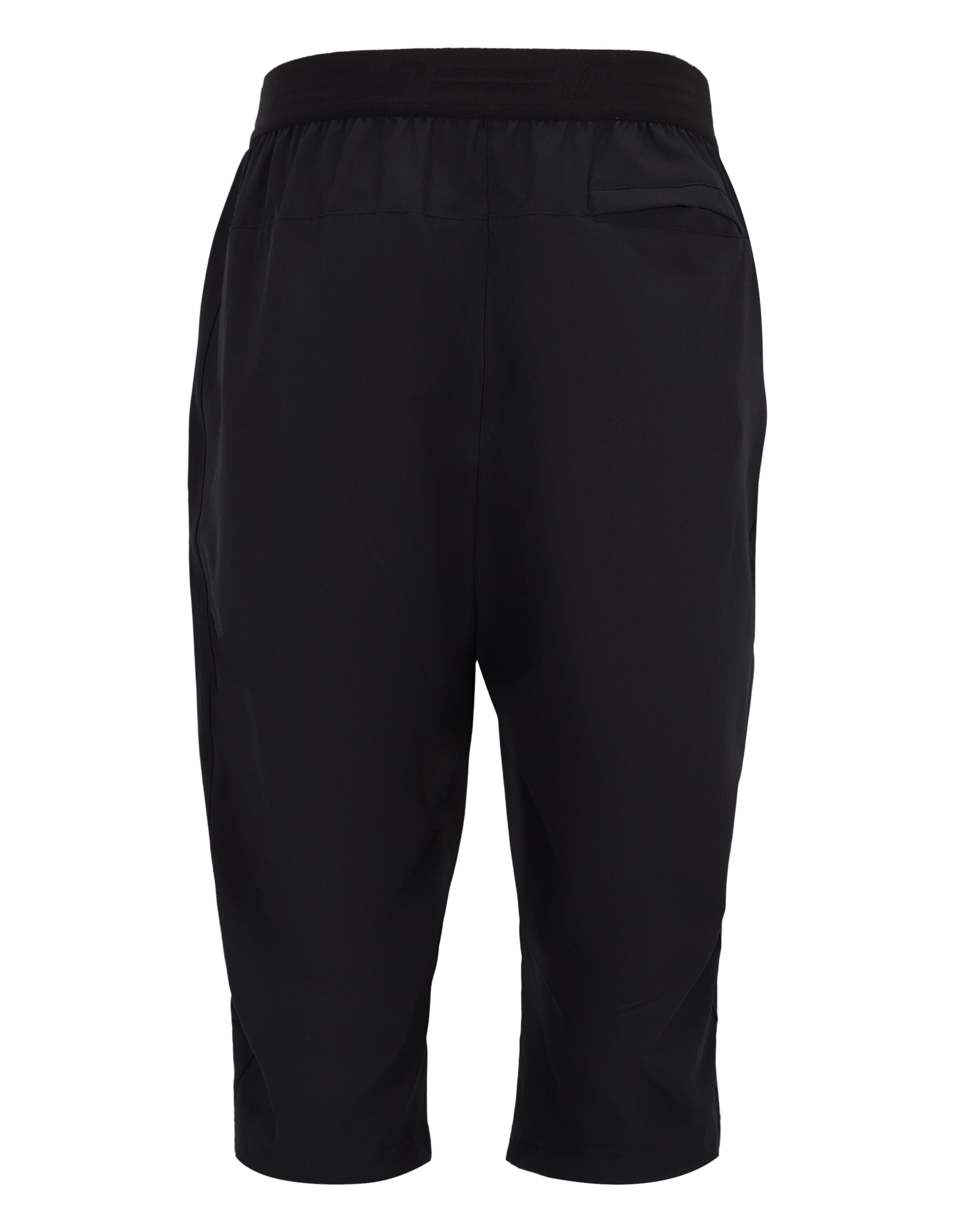 Schwarze, knielange Hose mit elastischem Bund und einer kleinen Tasche auf der rechten Rückseite, aus leichtem, glattem Material.