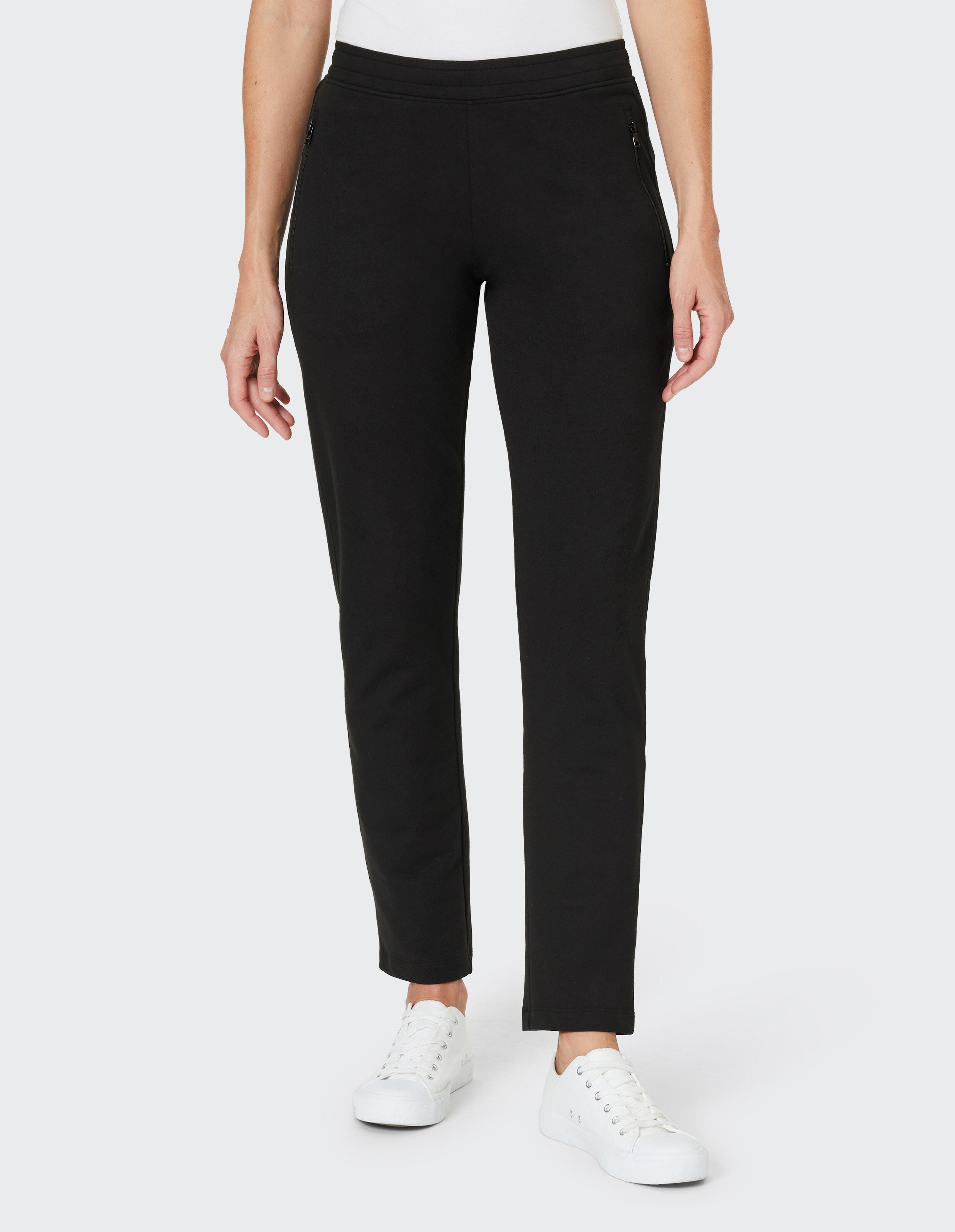 Schwarze, gerade geschnittene Damenhose mit elastischem Bund, ohne sichtbare Taschen, vor weißem Hintergrund abgebildet.