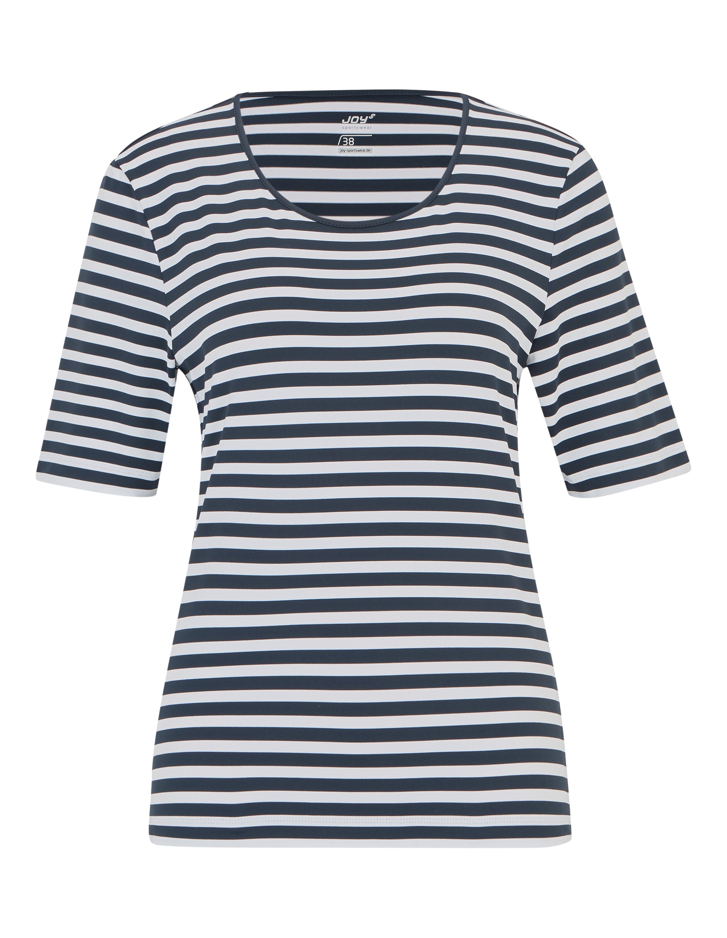 Gestreiftes T-Shirt mit kurzen Ärmeln, blauen und weißen horizontalen Streifen, Rundhalsausschnitt, aus leichtem Stoff hergestellt.