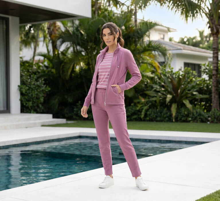 Frau in einem rosa Freizeit-Trainingsanzug am Pool, perfekt zum Faulenzen oder Brunch.