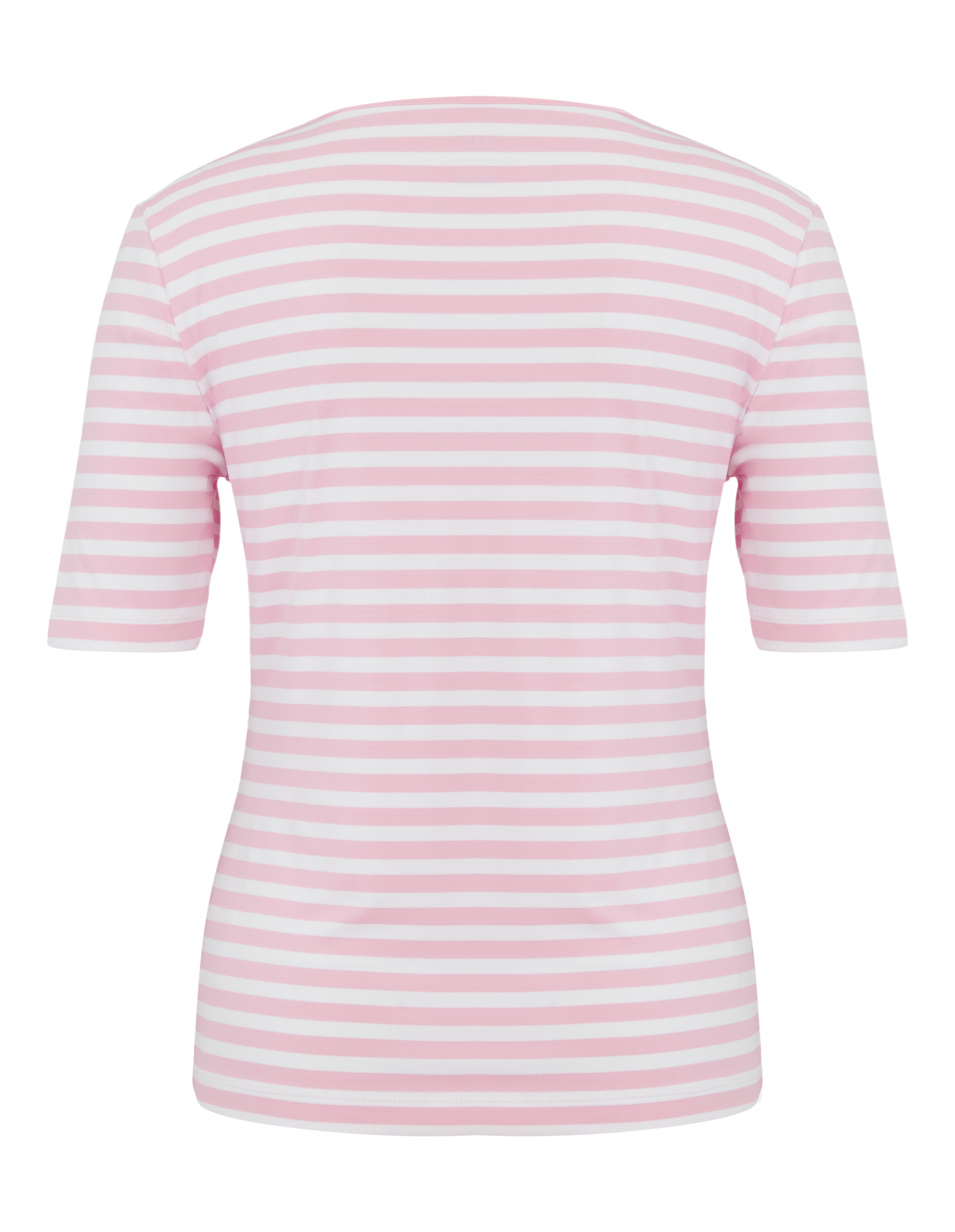 Ein Damen-T-Shirt mit kurzen Ärmeln in weiß-rosa gestreiftem Muster und rundem Halsausschnitt, aus weichem, leichtem Stoff.