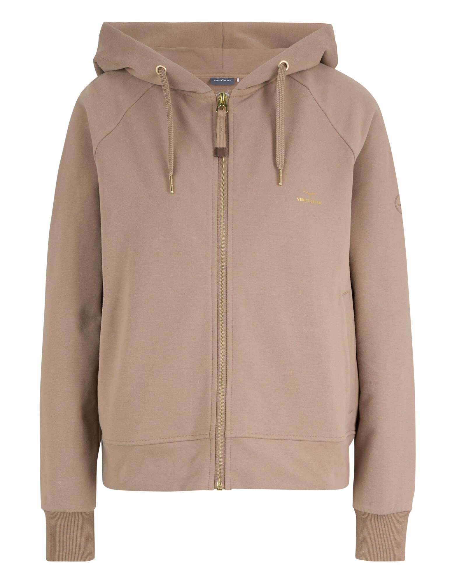 Gemütlicher beigefarbener Kapuzenpullover mit Kapuze und goldenen Akzenten für Freizeitkleidung.