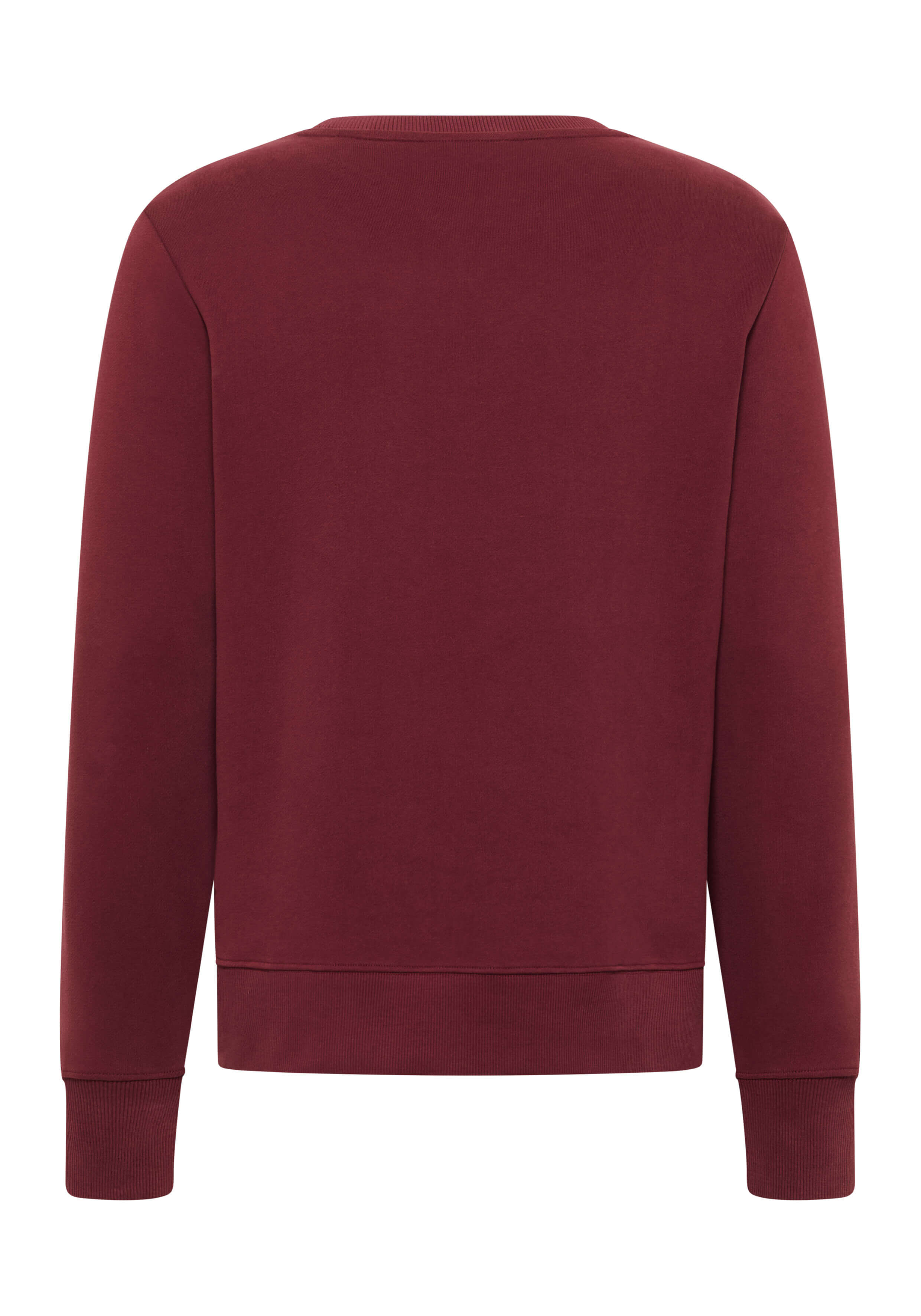 Rückansicht eines kuscheligen burgunderfarbenen Sweatshirts mit gerippten Bündchen und Saum.
