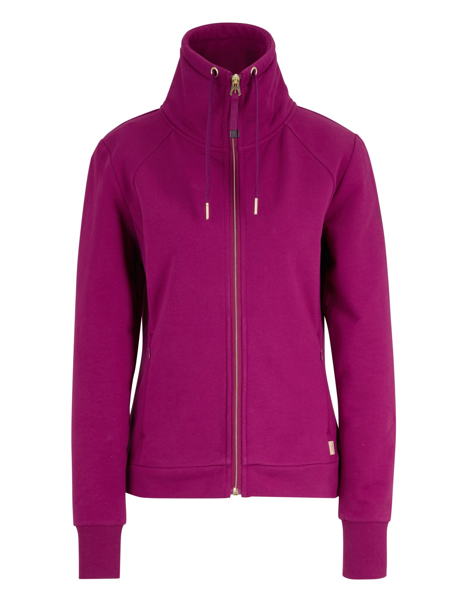 Fuchsiafarbene Jacke mit Reißverschluss, hohem Kragen und goldenen Akzenten, perfekt für Freizeitkleidung.