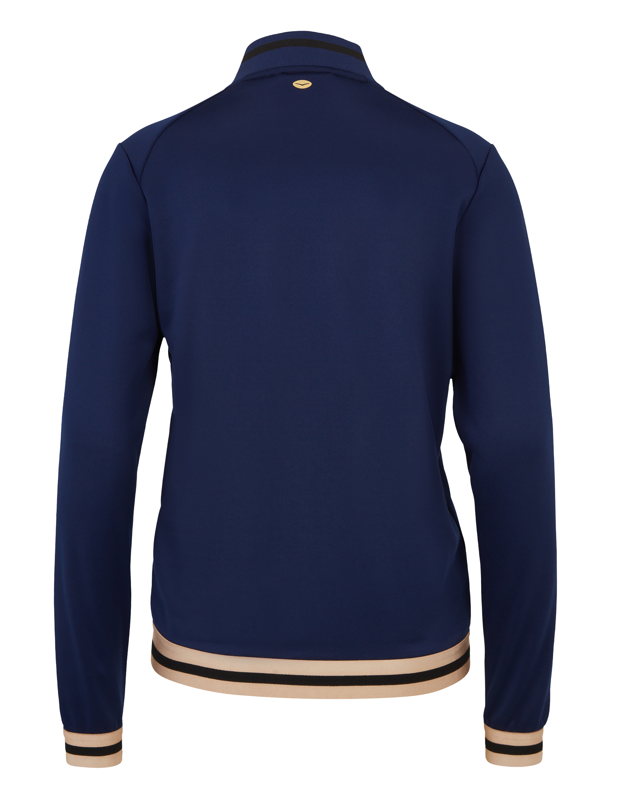 Rückansicht der marineblauen Venice Beach Yogarad Monica-Jacke mit gestreiftem Saum und Bündchen.