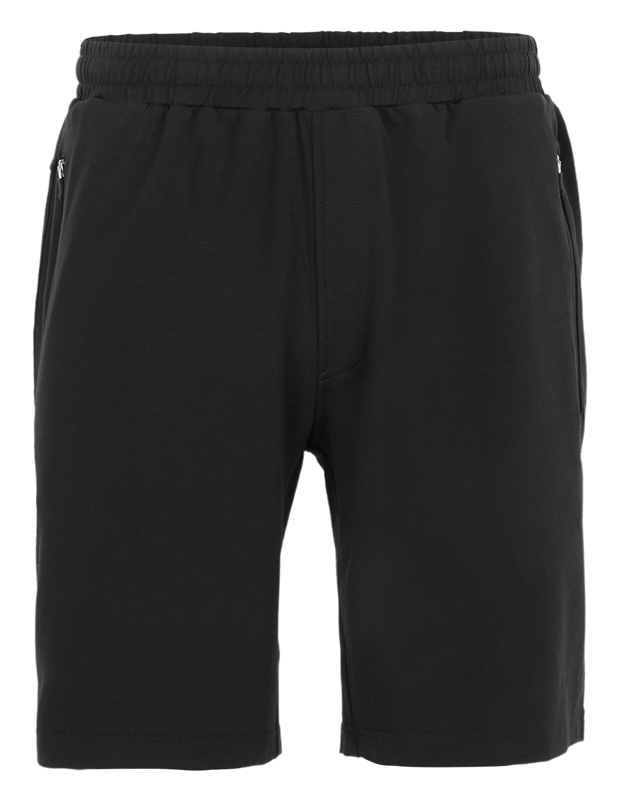 Schwarze Baumwoll-Shorts mit elastischem Bund und seitlichen Reißverschlusstaschen, schlichtes Design ohne sichtbare Logos.
