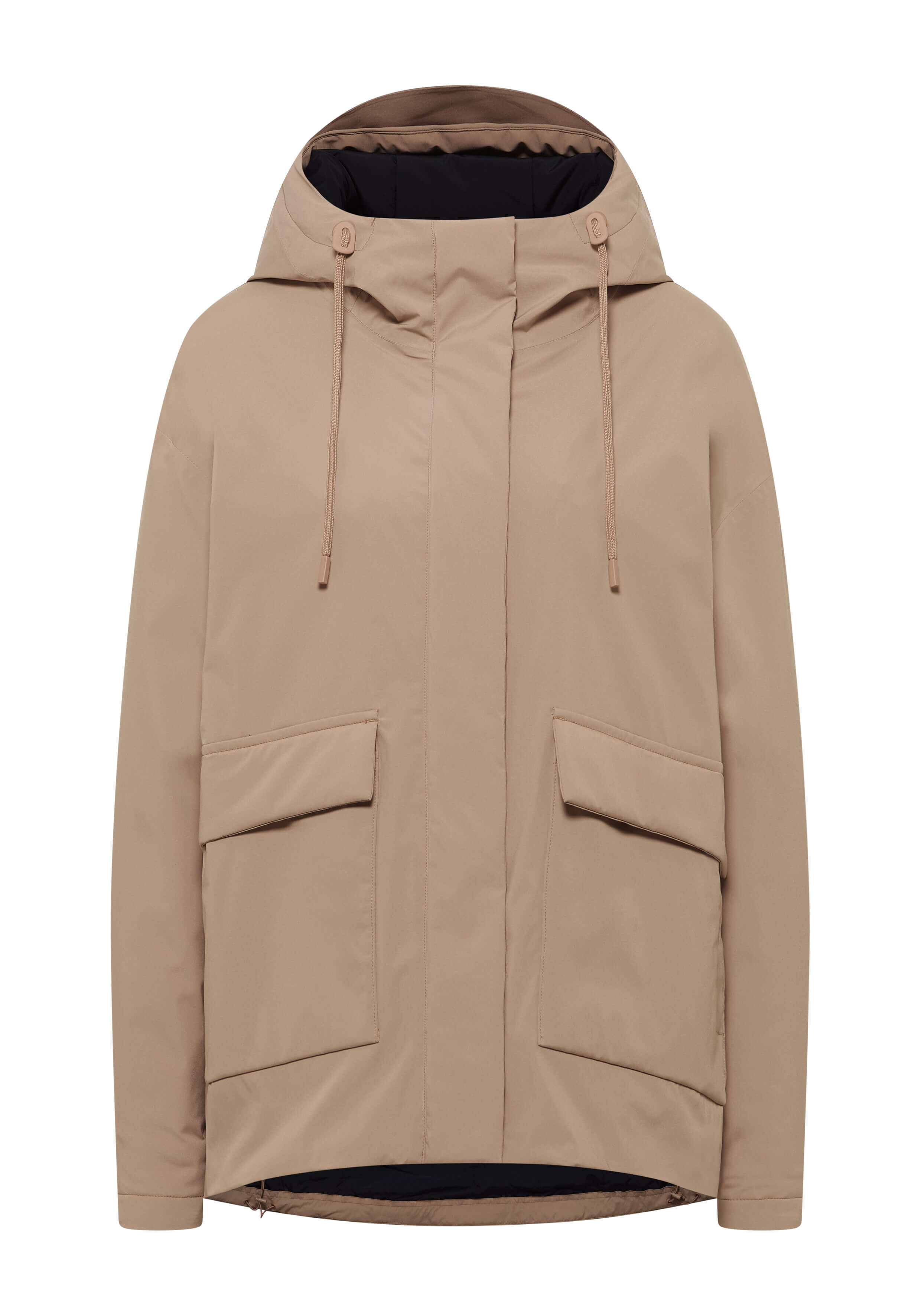Beige Freizeitjacke mit Kapuze und großen Vordertaschen, ideal zum Schichten.