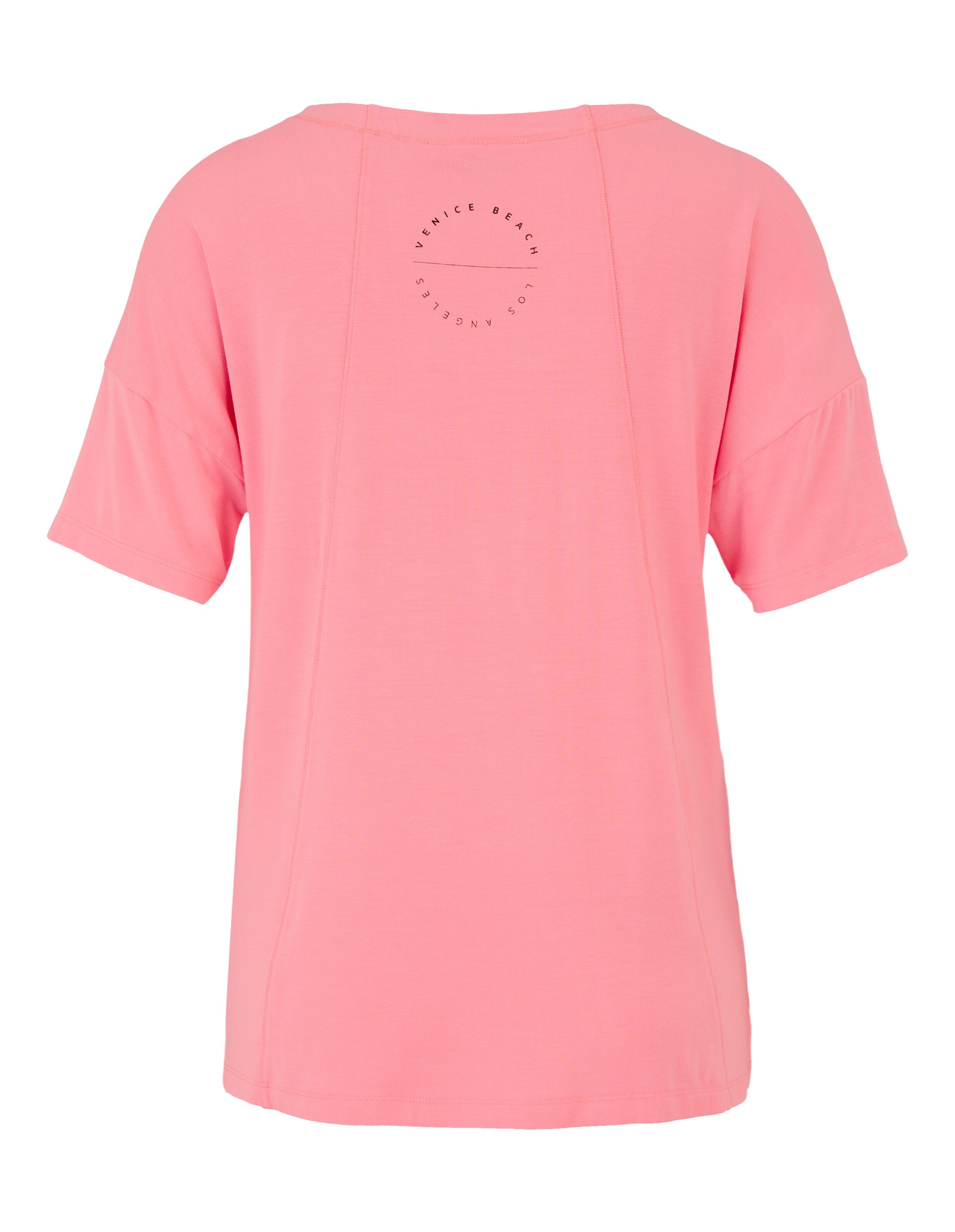 Rückansicht eines rosafarbenen Freizeit-T-Shirts mit einem Logoaufdruck von Venice Beach Los Angeles.