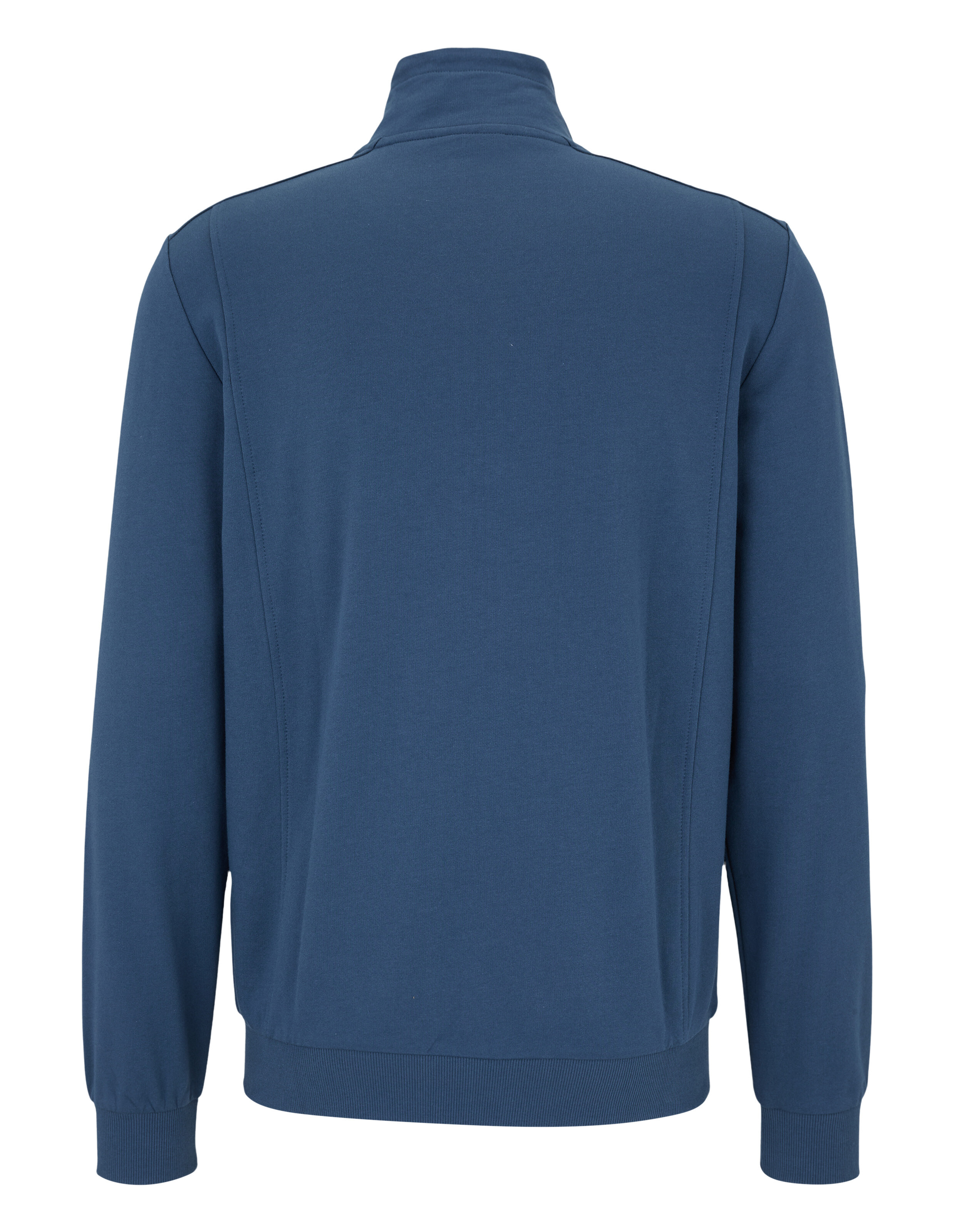 Ein blauer Pullover mit durchgehendem Reißverschluss und Stehkragen.