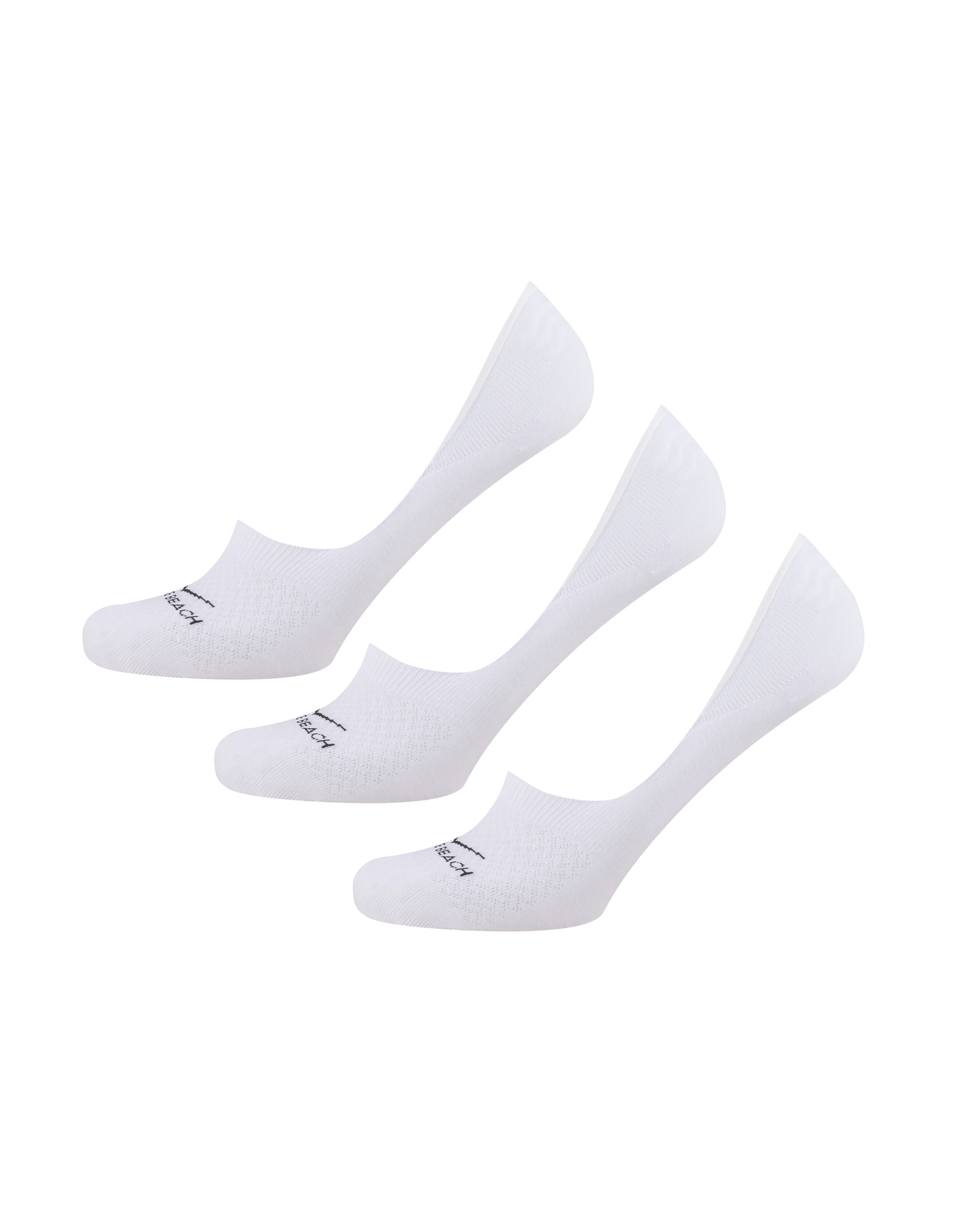 Drei weiße No-Show-Socken von Venice Beach mit schwarzem Logo-Detail für lässigen Komfort.