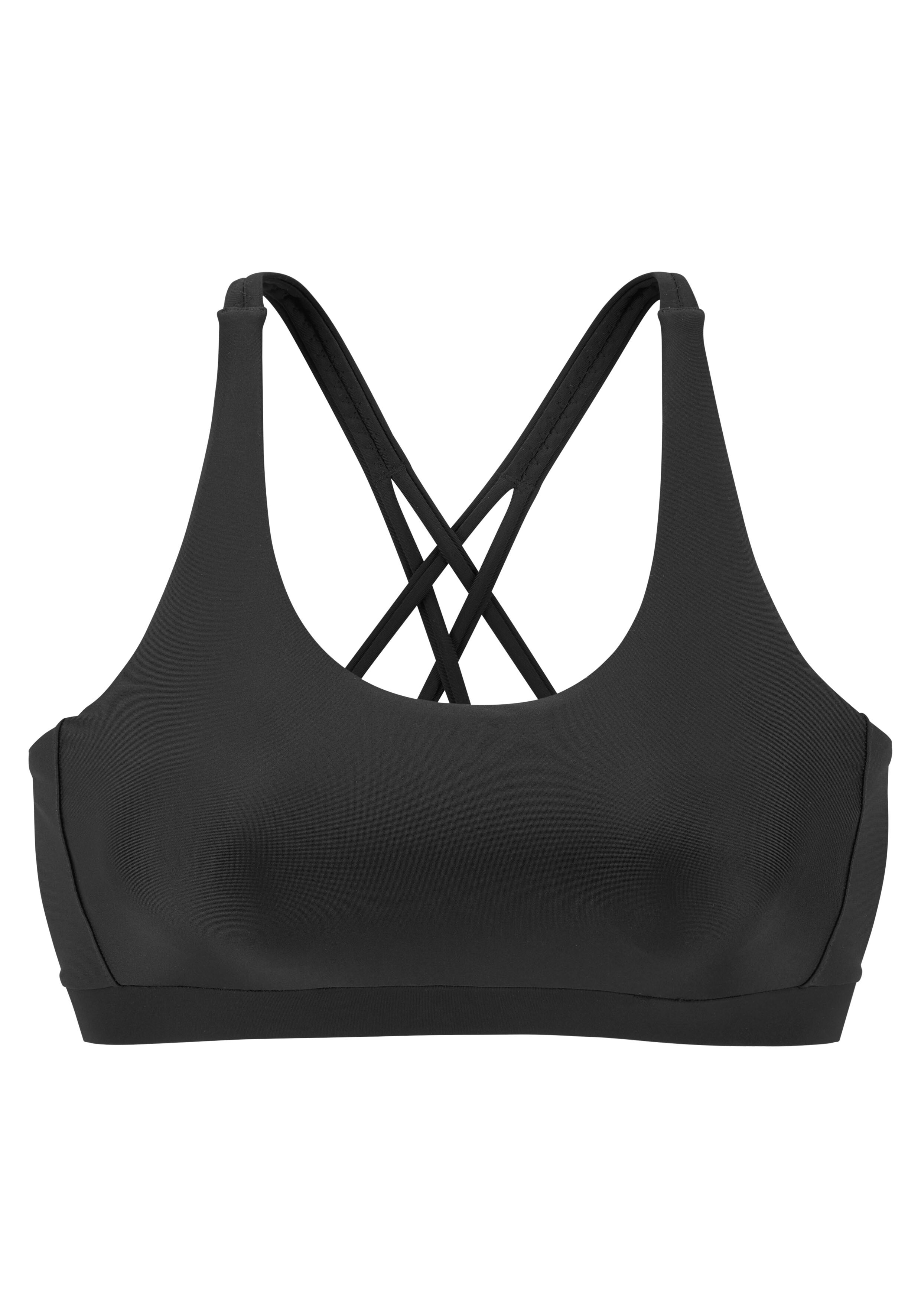 Schwarzer Sport-BH mit bequemem Racerback-Design für lässiges Faulenzen und aktives Tragen.