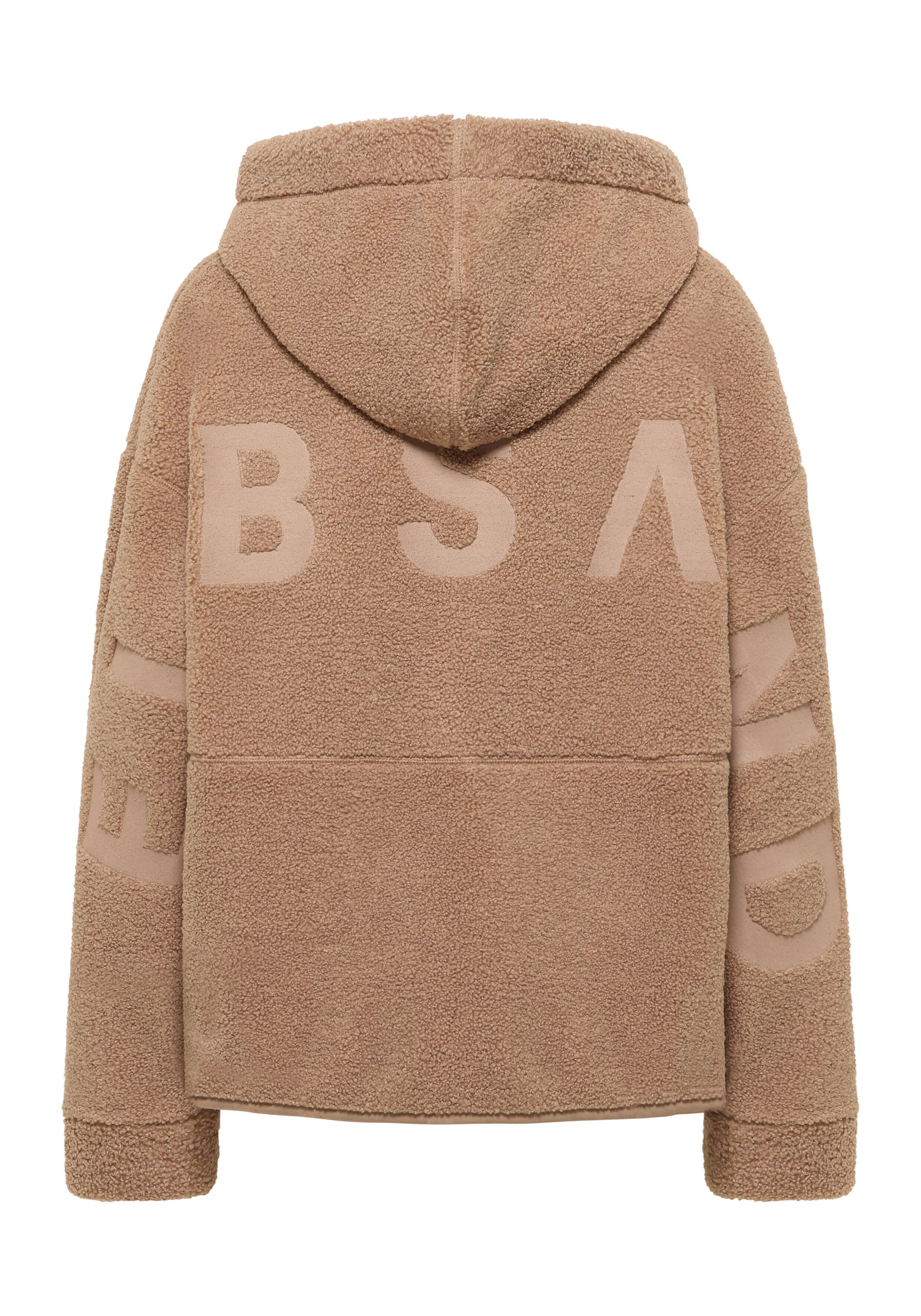 Beigefarbener Kapuzenpullover aus Teddyfleece mit großem ELBSAND-Logo auf der Rückseite für gemütliche Freizeitkleidung.