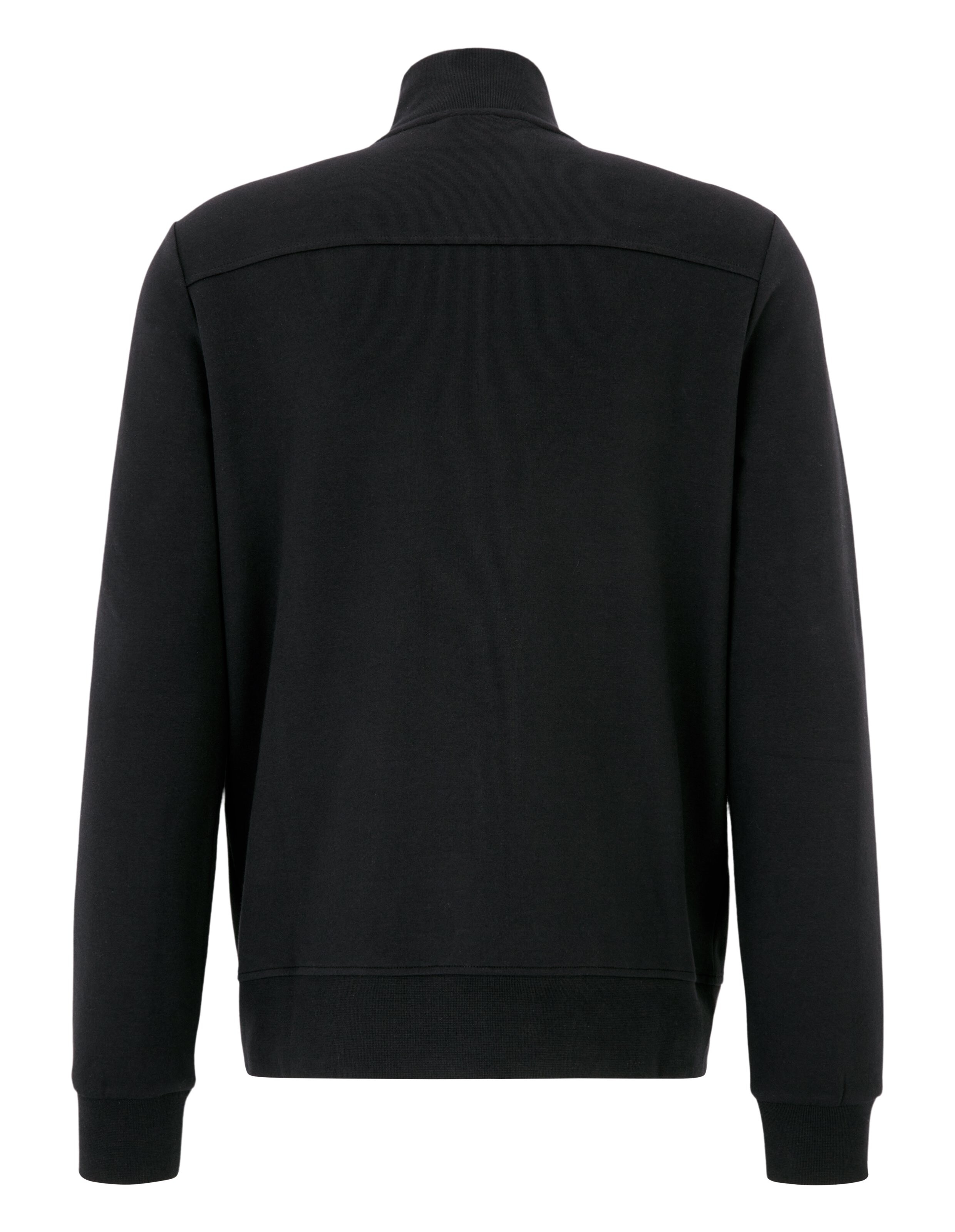 Rückansicht eines schwarzen, lässigen Sweatshirts mit hohem Kragen und gerippten Bündchen.