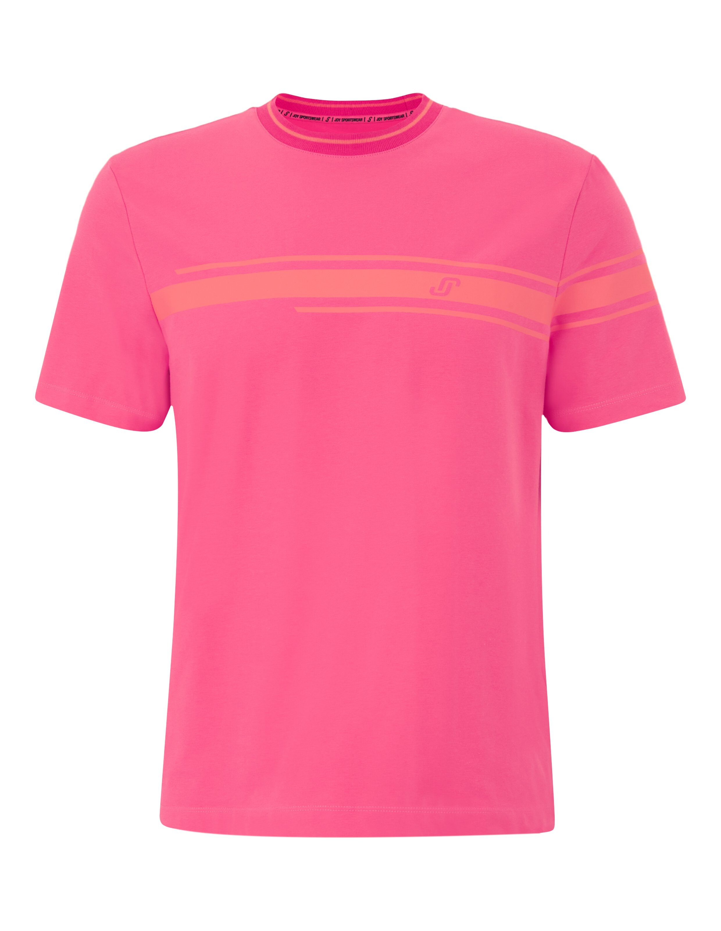 Ein neonpinkes T-Shirt mit kurzen Ärmeln, zwei horizontalen Streifen und einem kleinen Logo auf der Brust.