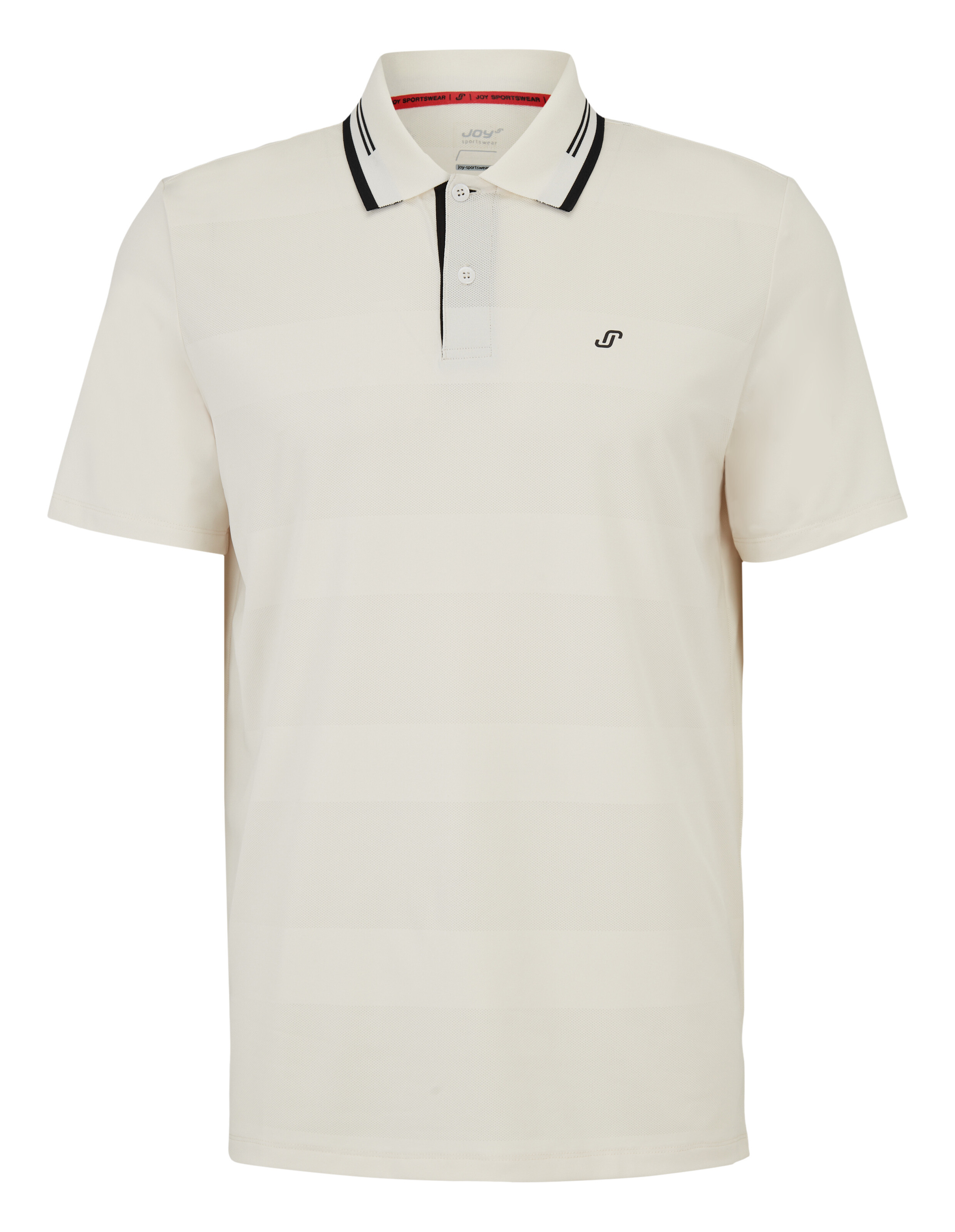 Beigefarbenes Herren-Poloshirt mit schwarzen Kragenstreifen und Logo, ideal für Freizeitkleidung.