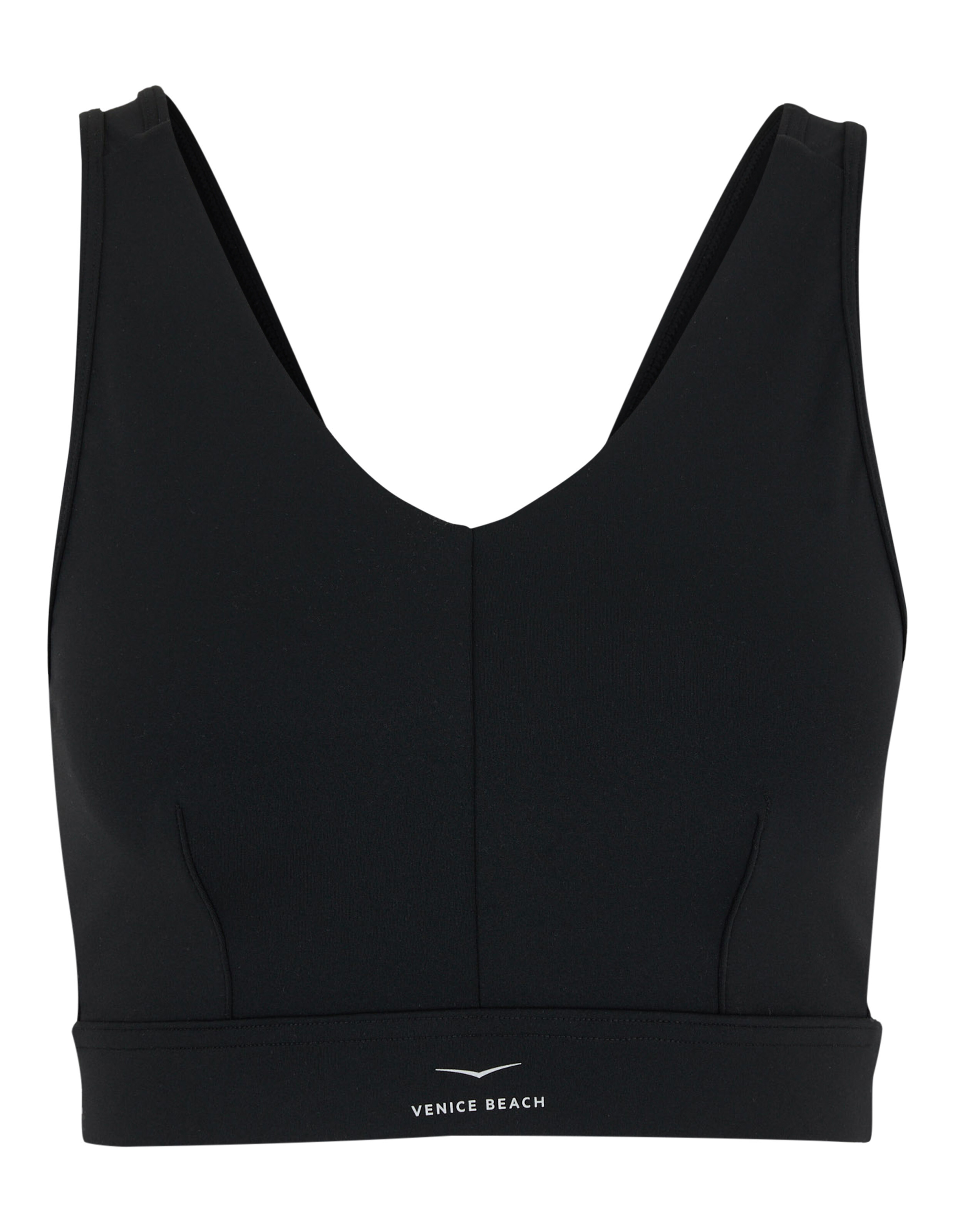 Schwarzer Sport-BH mit V-Ausschnitt und Venice Beach-Branding.