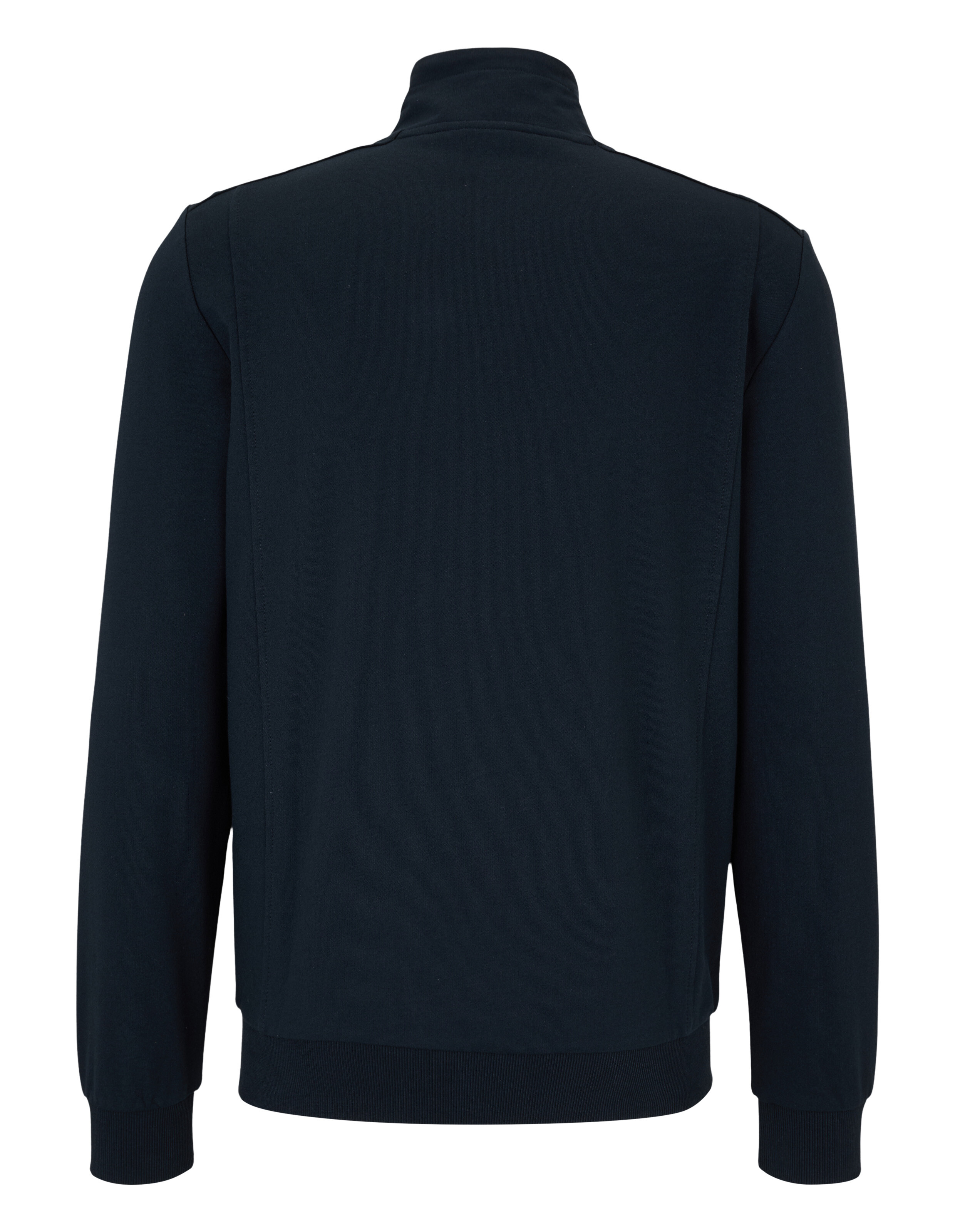 Dunkelblaue Sweatjacke mit Stehkragen und gerippten Bündchen.