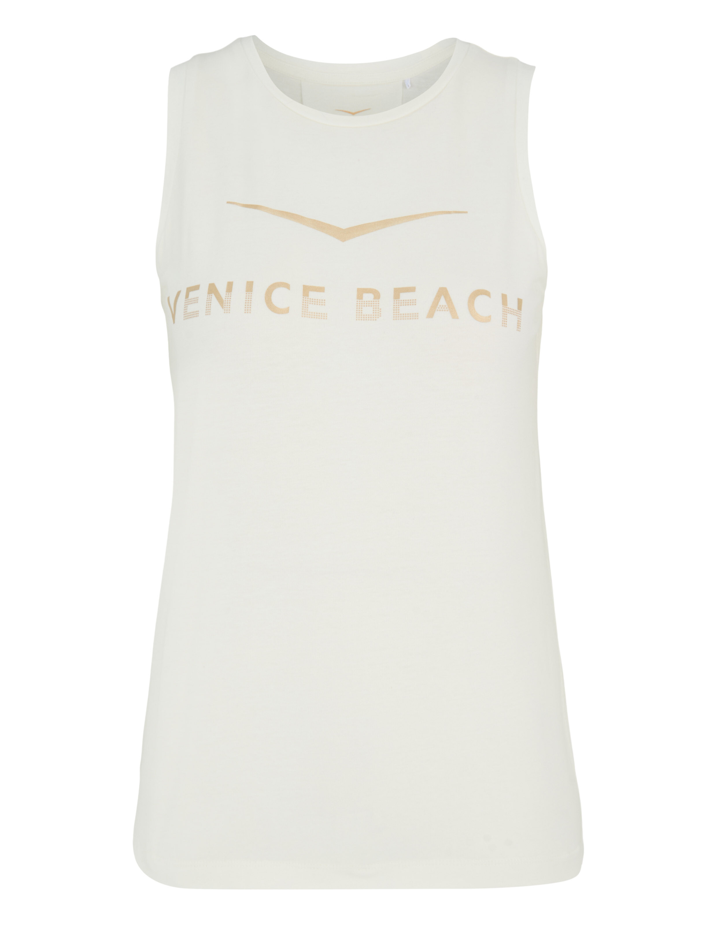 Weißes ärmelloses Tanktop mit „Venice Beach“-Aufdruck in Gold.