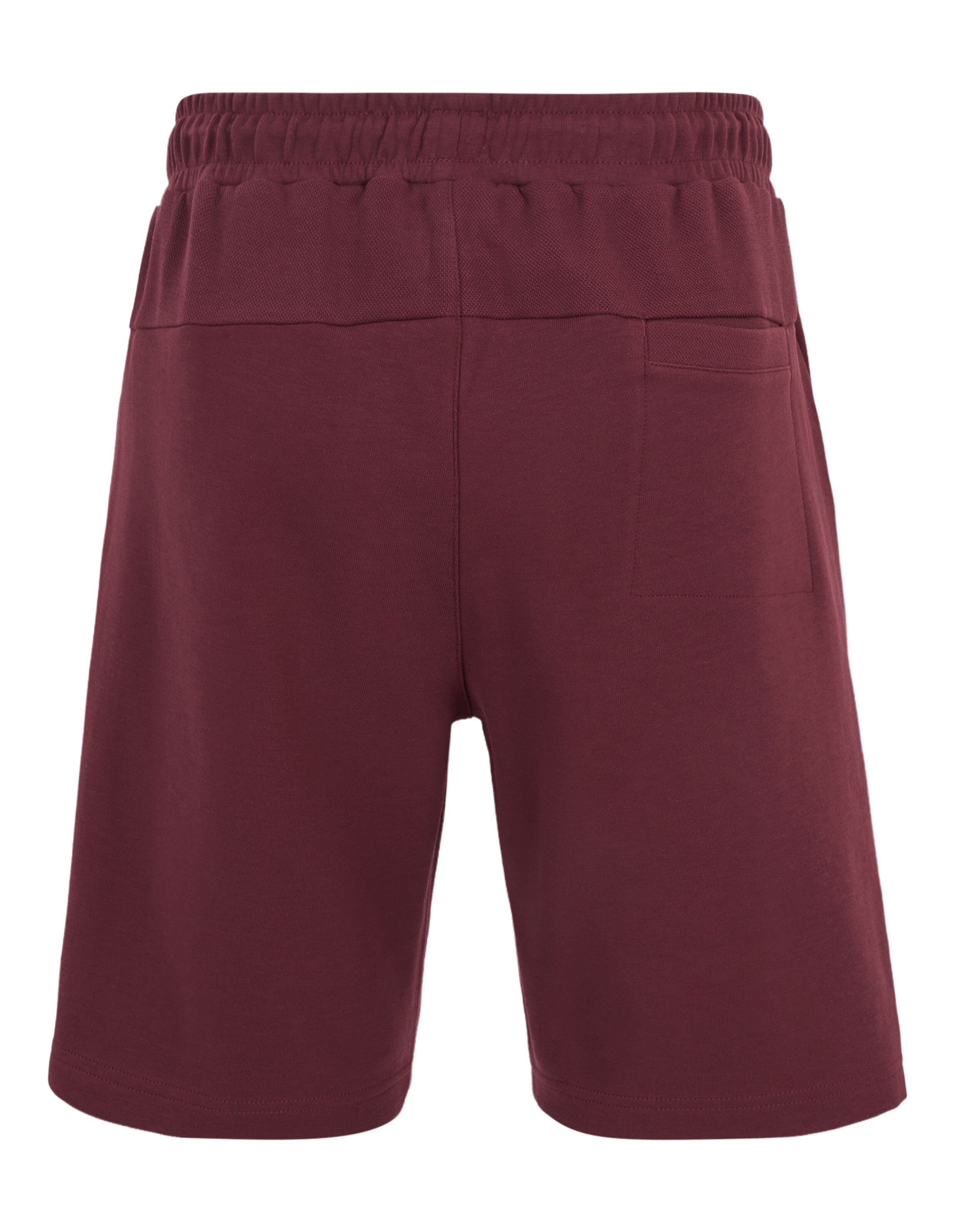Bordeauxrote Shorts mit elastischem Bund und Gesäßtasche, aus weichem Stoff, Rückansicht.