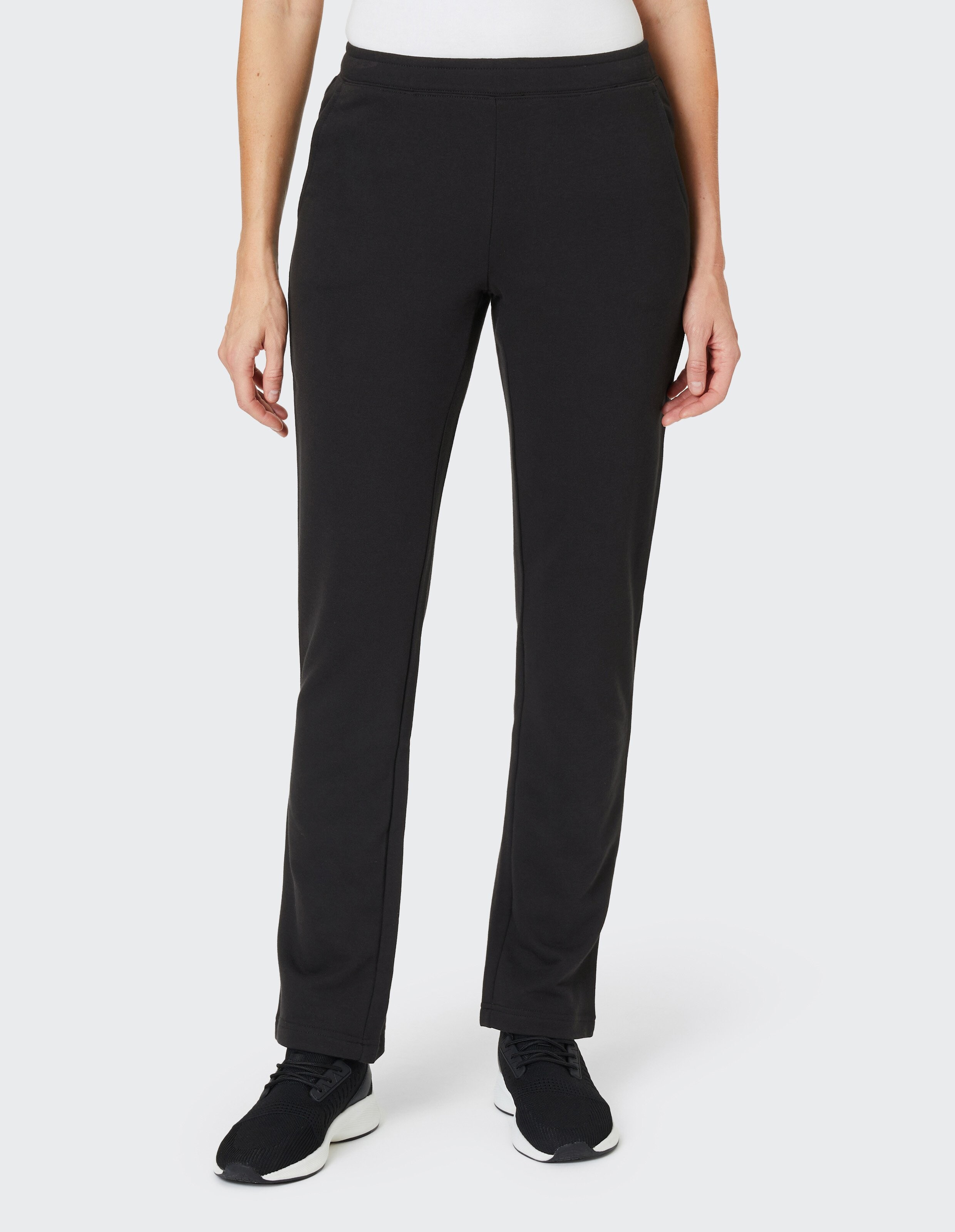 Schwarze, gerade geschnittene Hose aus weichem Stoff mit elastischem Bund und schlichtem Design, ohne sichtbare Taschen oder Details.