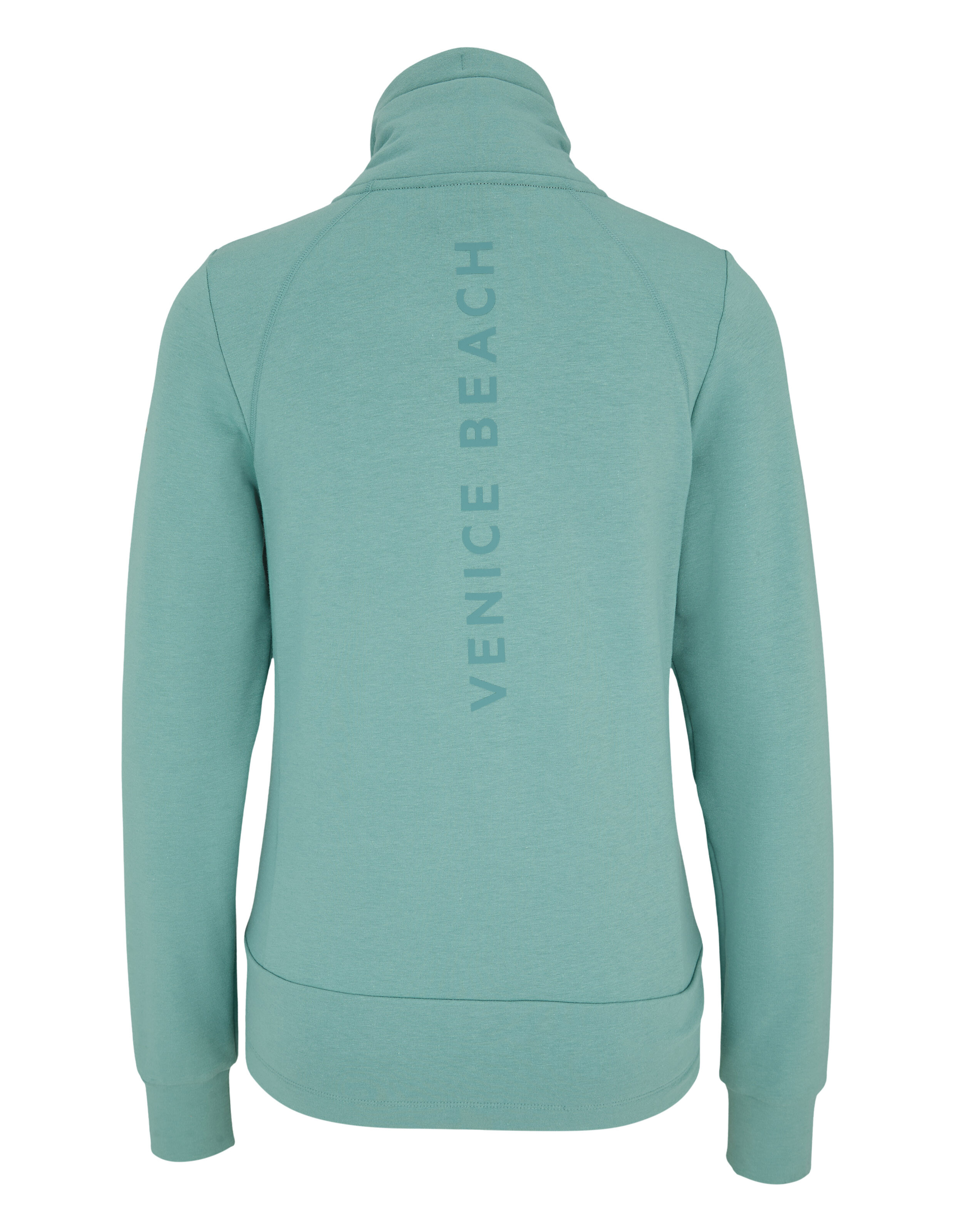 Mintgrünes Sweatshirt mit Reißverschluss und „Venice Beach“-Schriftzug auf der Rückseite.