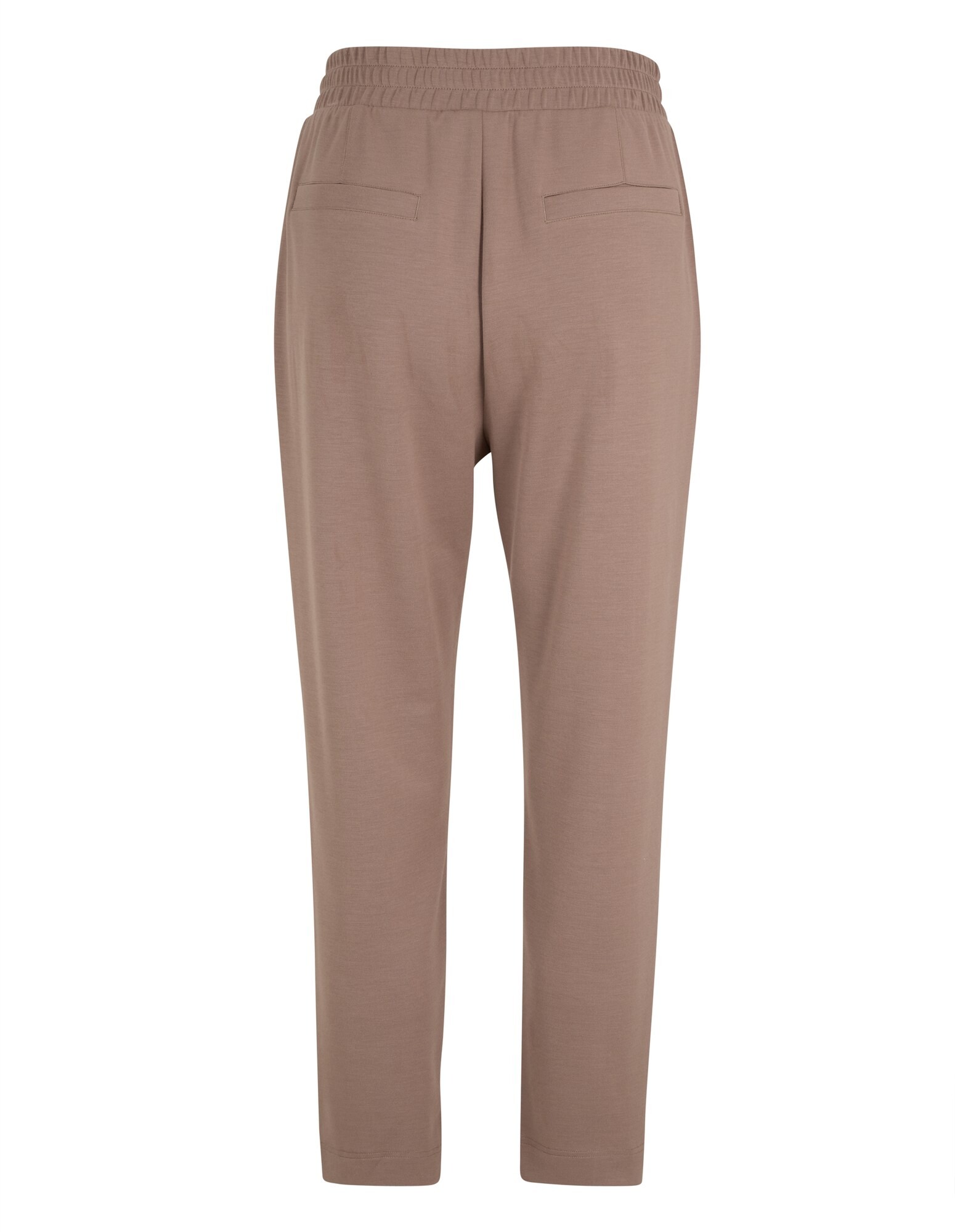 Rückansicht einer beige Freizeithose mit elastischem Bund und zwei Taschen.