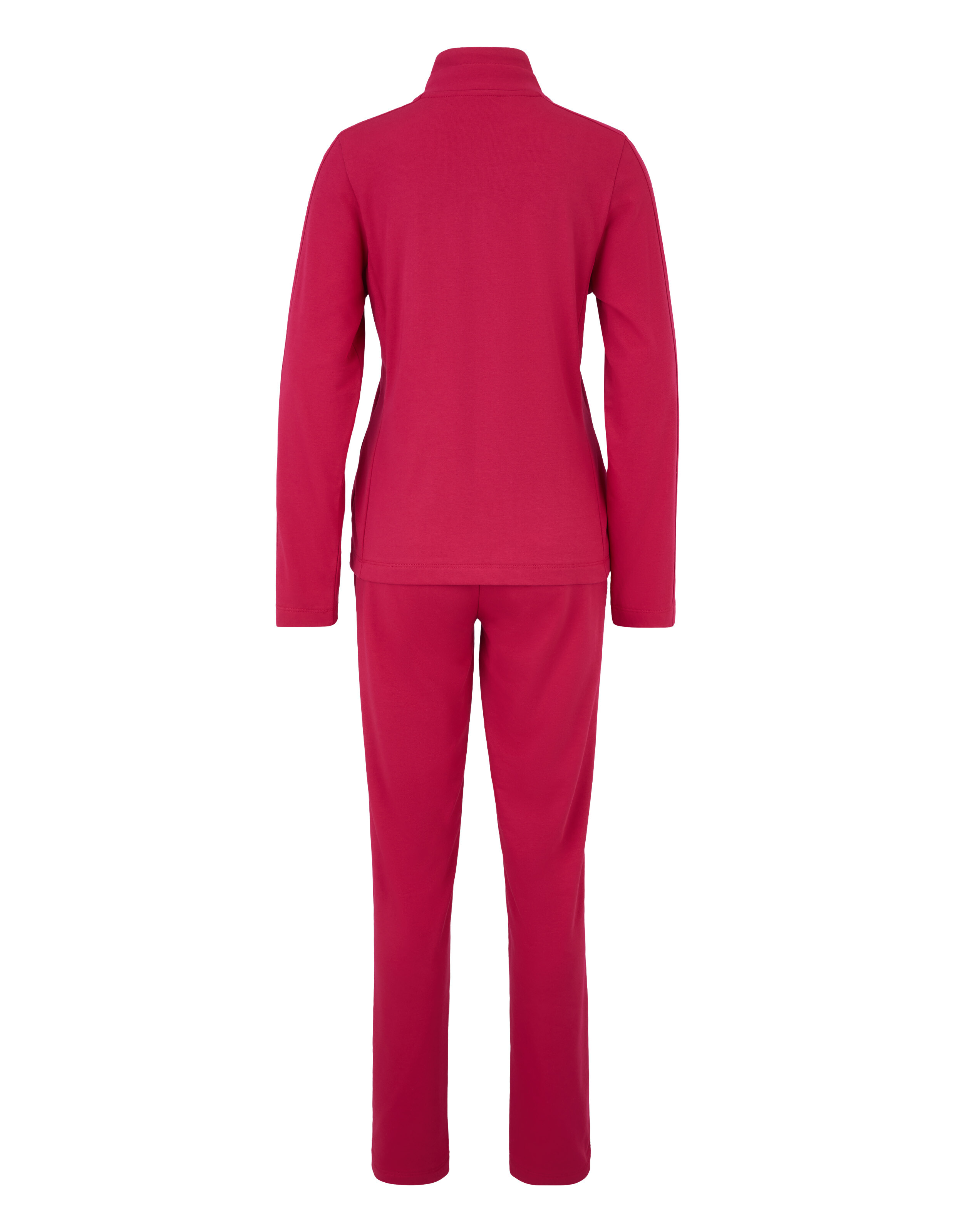 Roter Freizeitanzug mit langen Ärmeln und Reißverschluss an der Jacke, passende lange Hosen, bequemer und schlichter Stil.