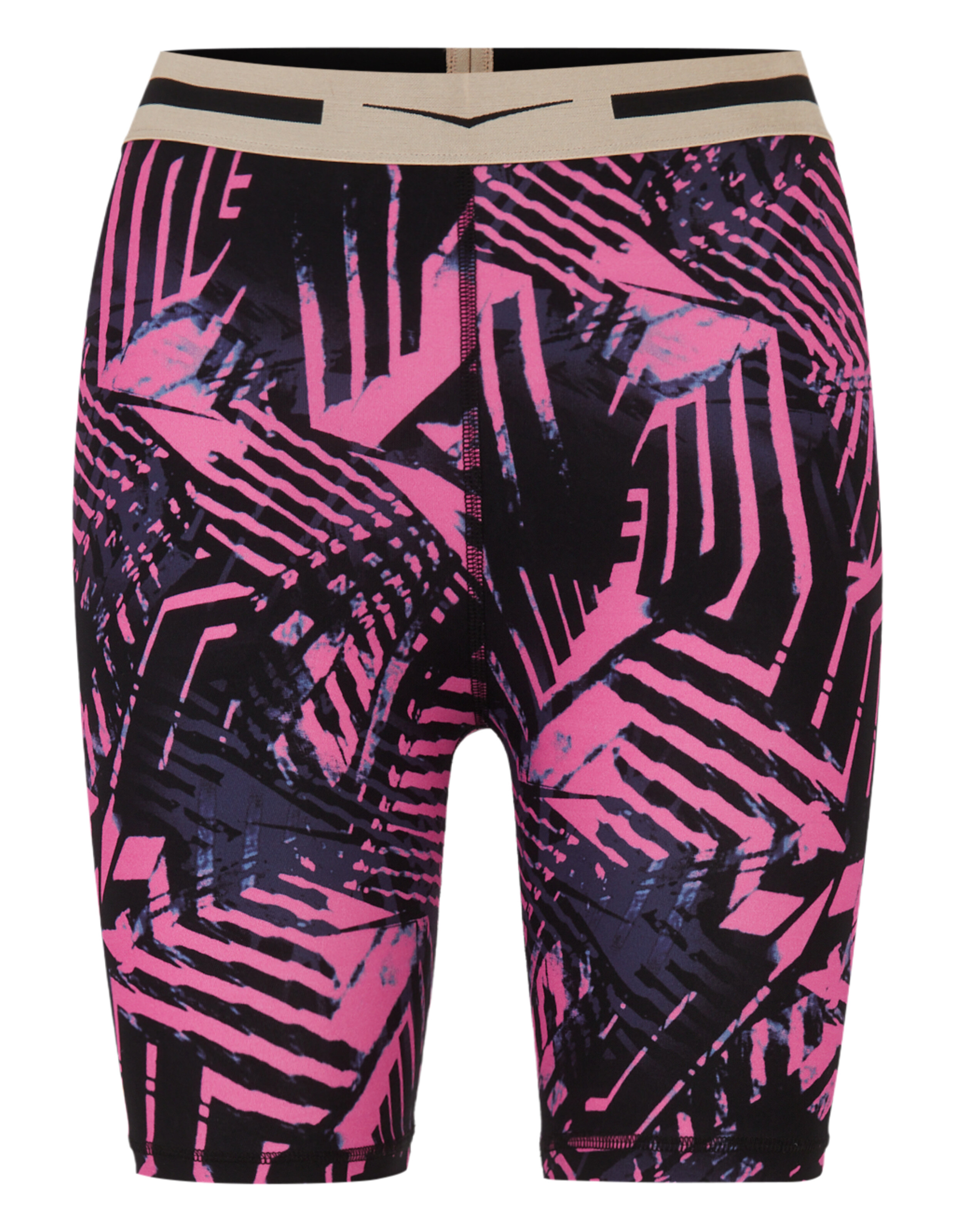 Kurze Strumpfhose Jasmine von Venice Beach in Rosa und Schwarz mit geometrischem Muster.