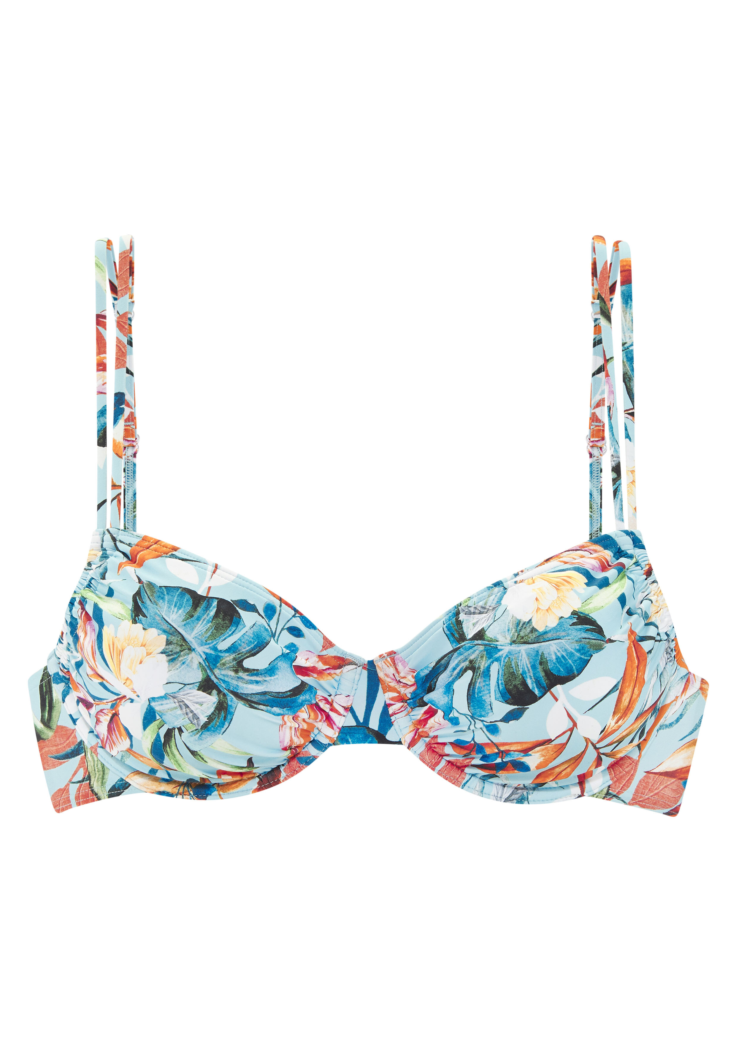Venice Beach Bikini-Top Blake in Hellblau mit einem lebendigen tropischen Blumendruck.