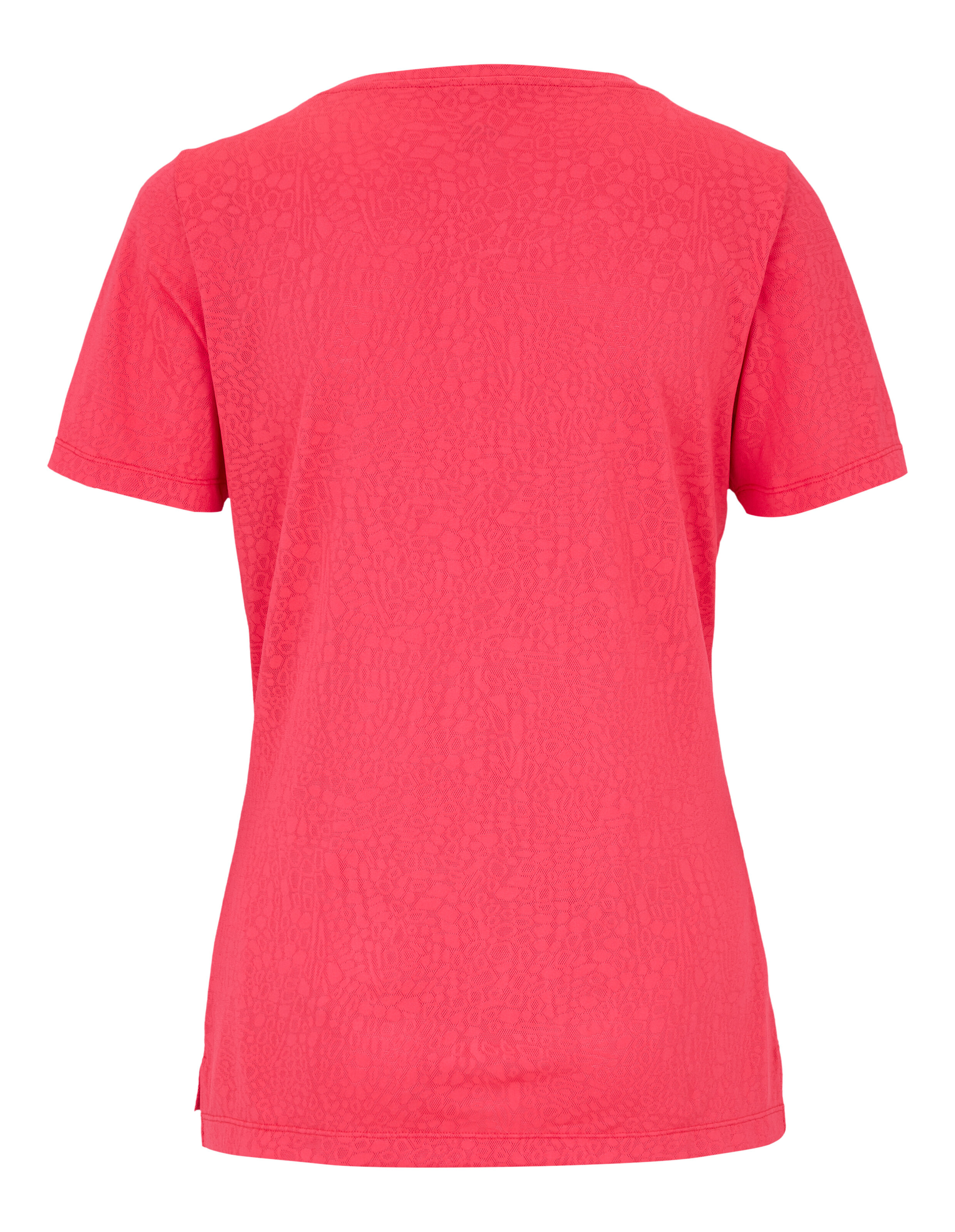 Rückansicht eines rosafarbenen Freizeit-T-Shirts mit Strukturmuster, perfekt für den Alltag.