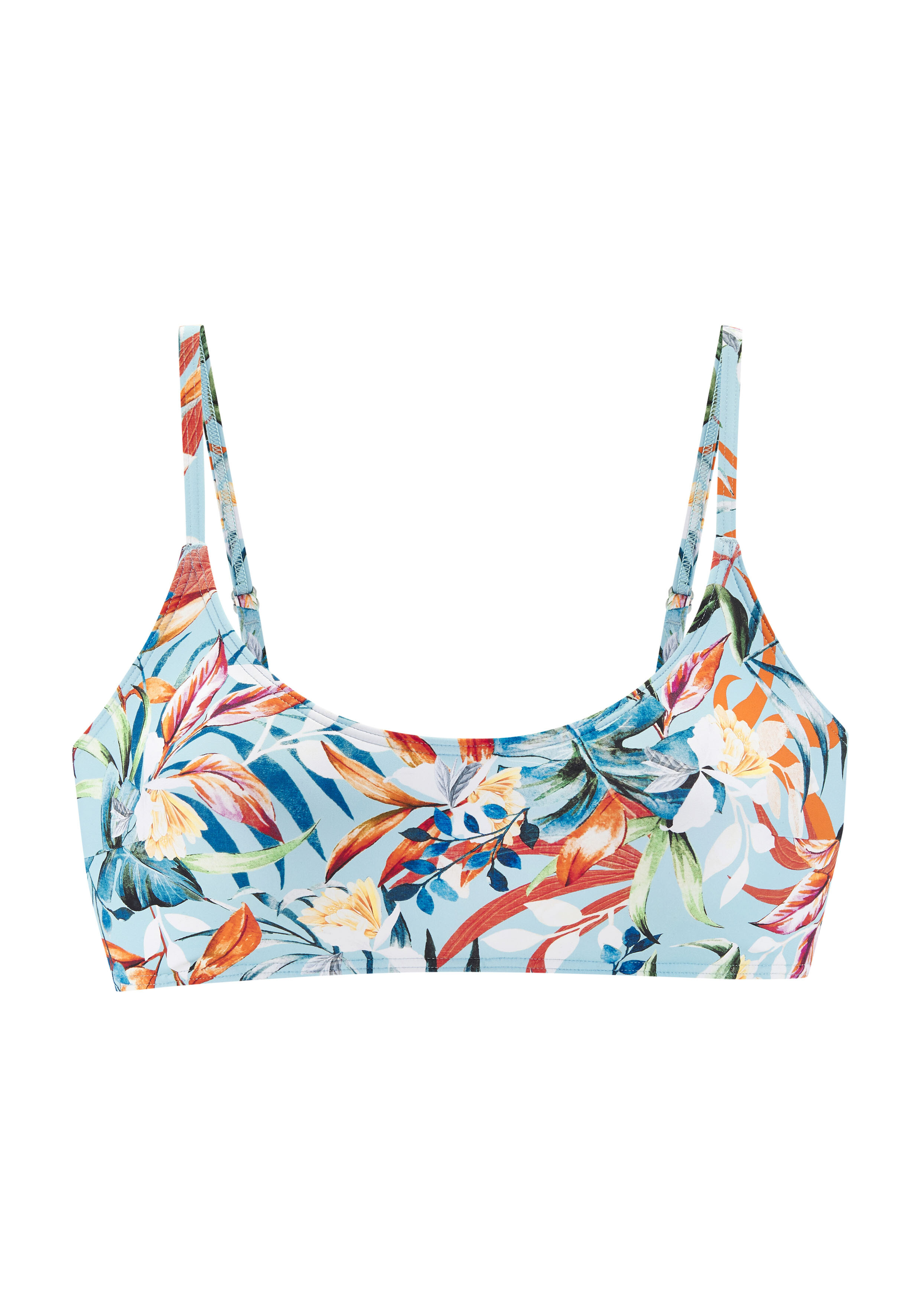 Hellblaues Bikinioberteil mit farbenfrohem tropischem Blumendruck und verstellbaren Trägern.