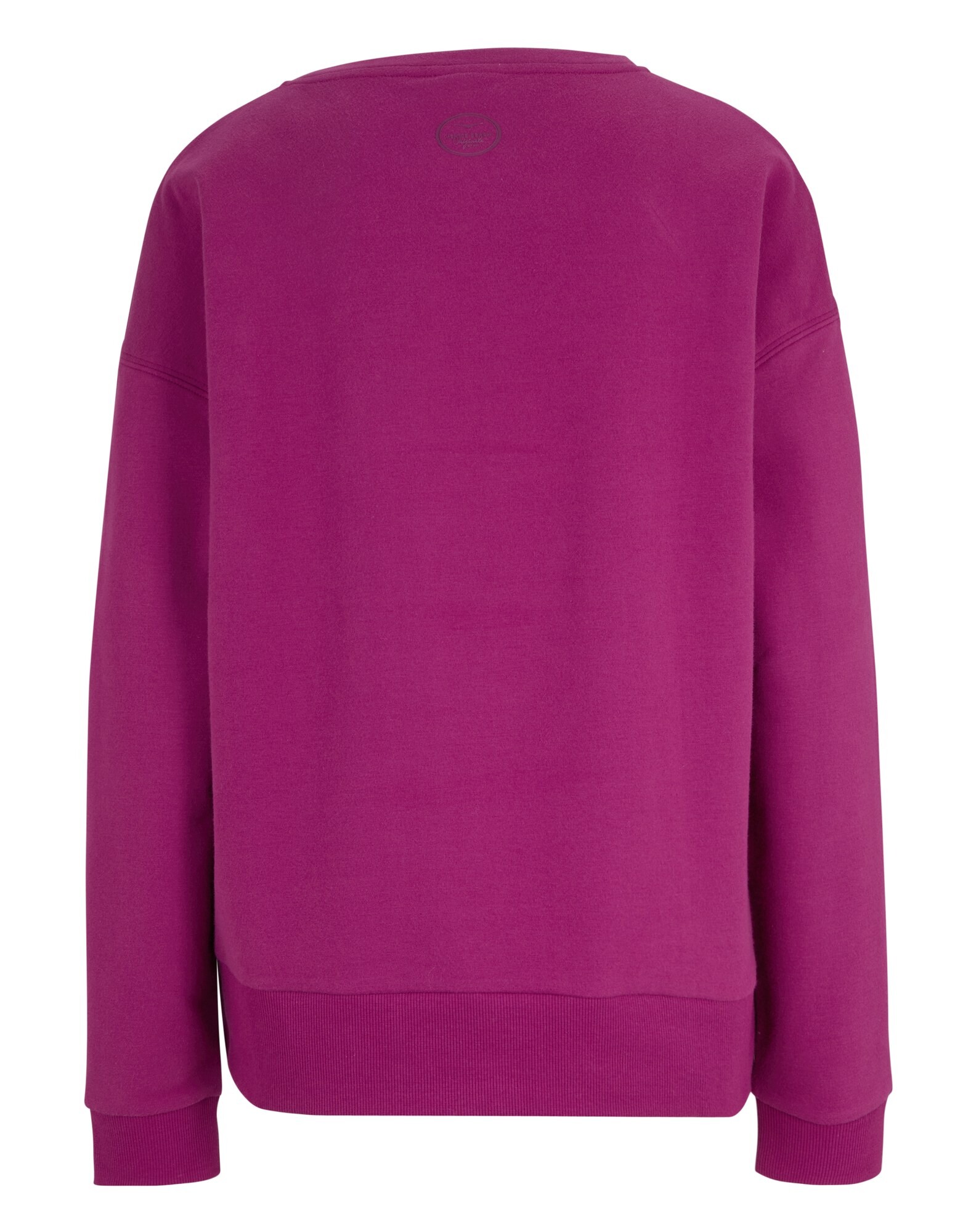 Rückansicht eines kuscheligen lila Sweatshirts mit entspannter Passform und gerippten Bündchen.