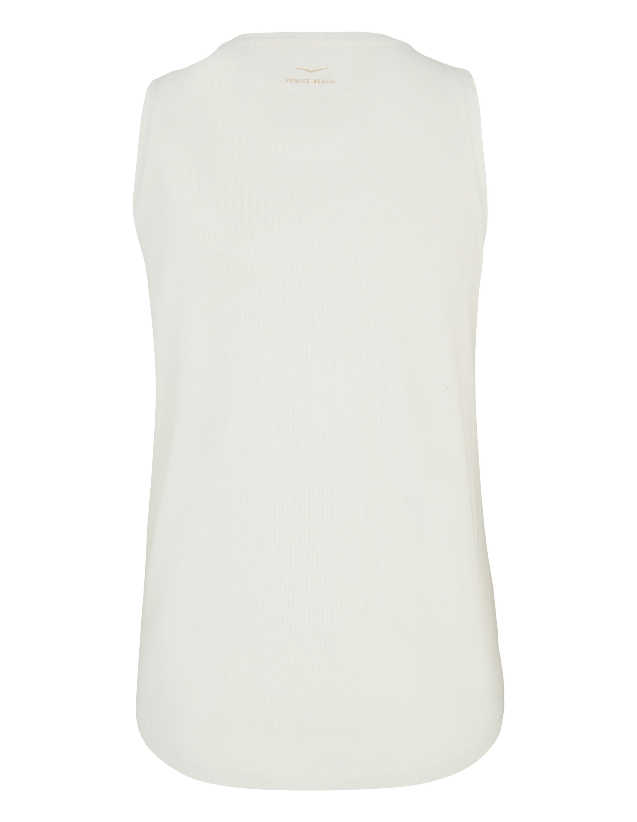 Rückansicht eines weißen, ärmellosen, lässigen Tanktops mit Venice Beach-Logo.