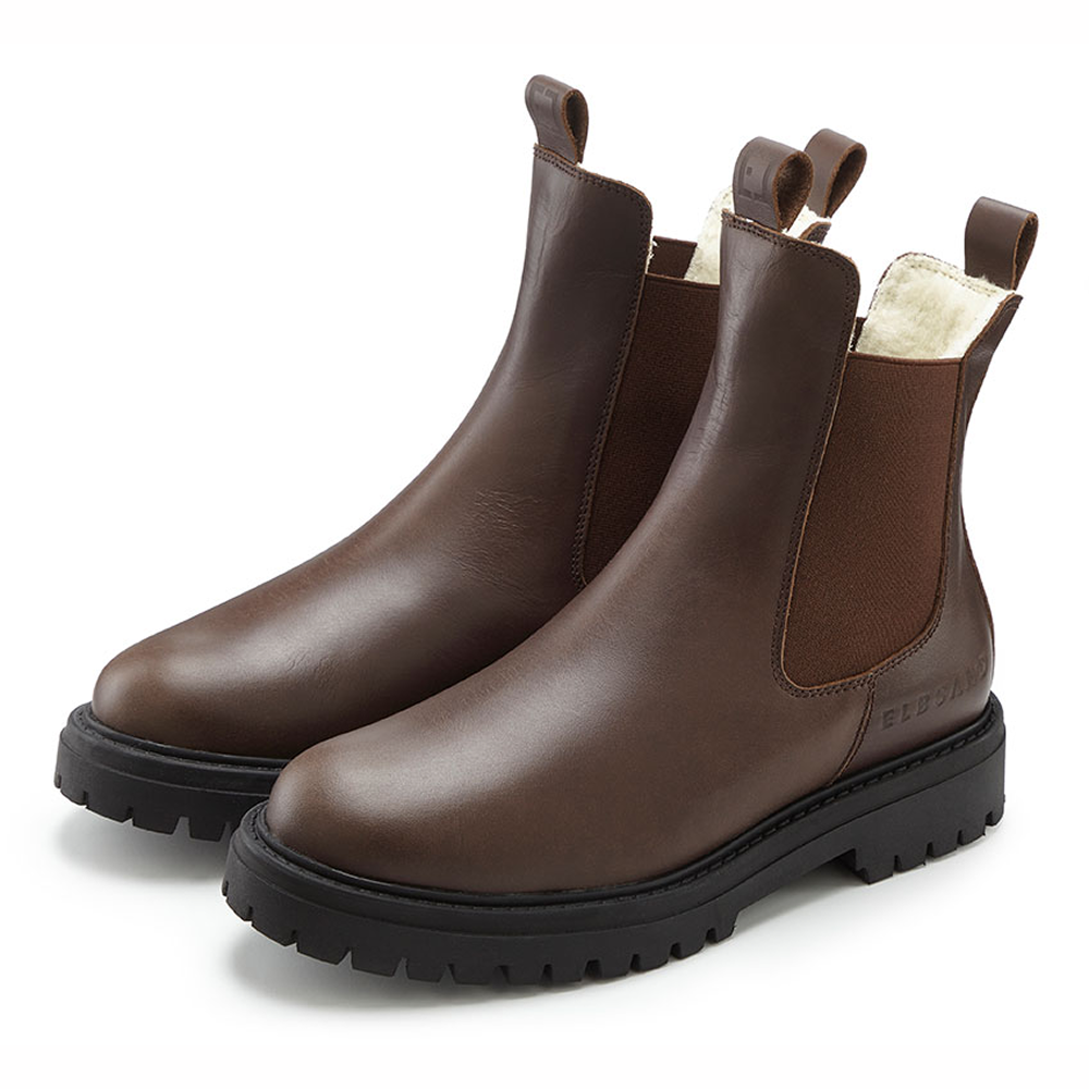 Braune Chelsea-Stiefel aus Leder mit elastischen Seiten und robusten Sohlen.
