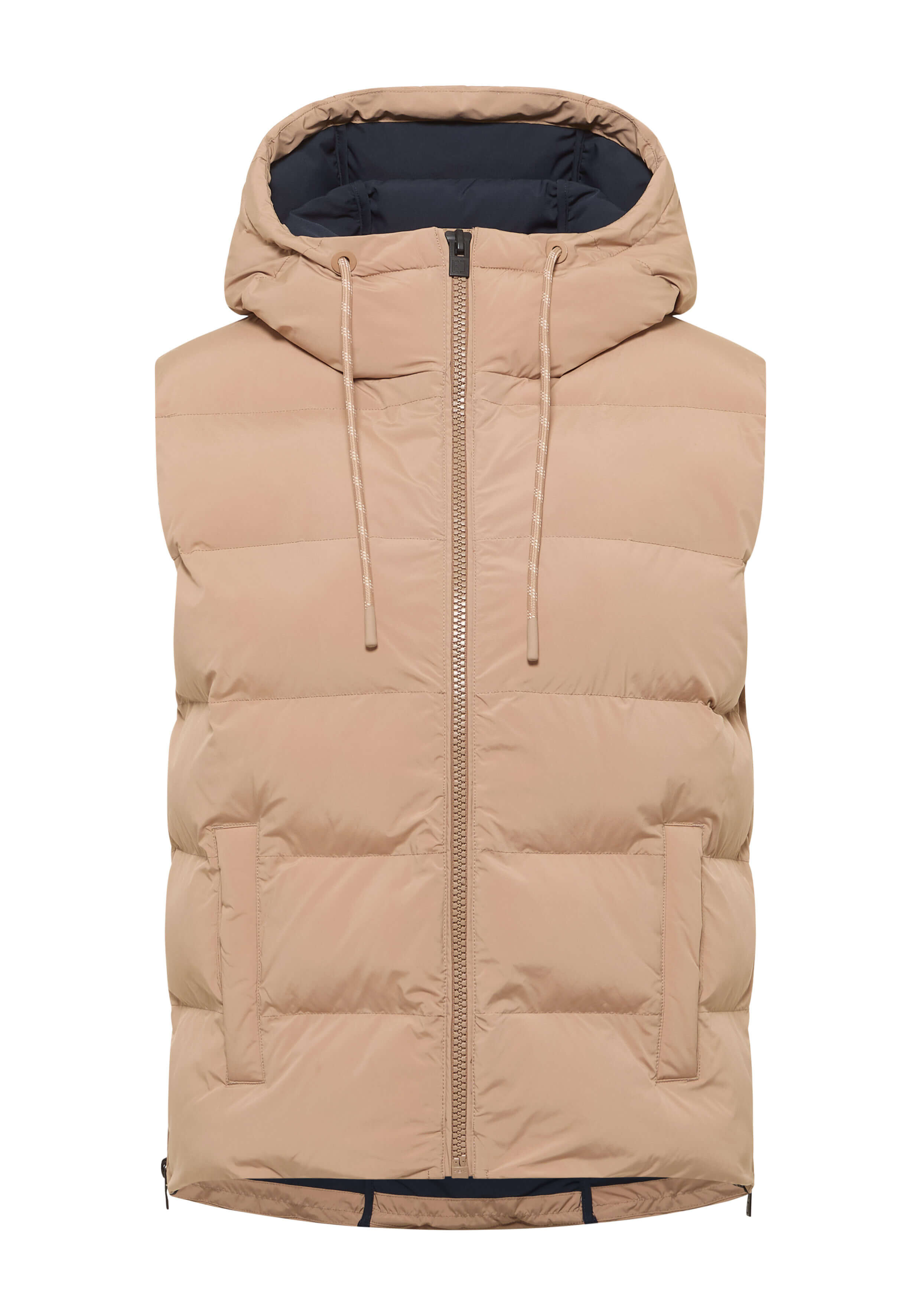 Beige wattierte Weste mit Kapuze und Frontreißverschluss, ideal für lässige Lagenlooks.