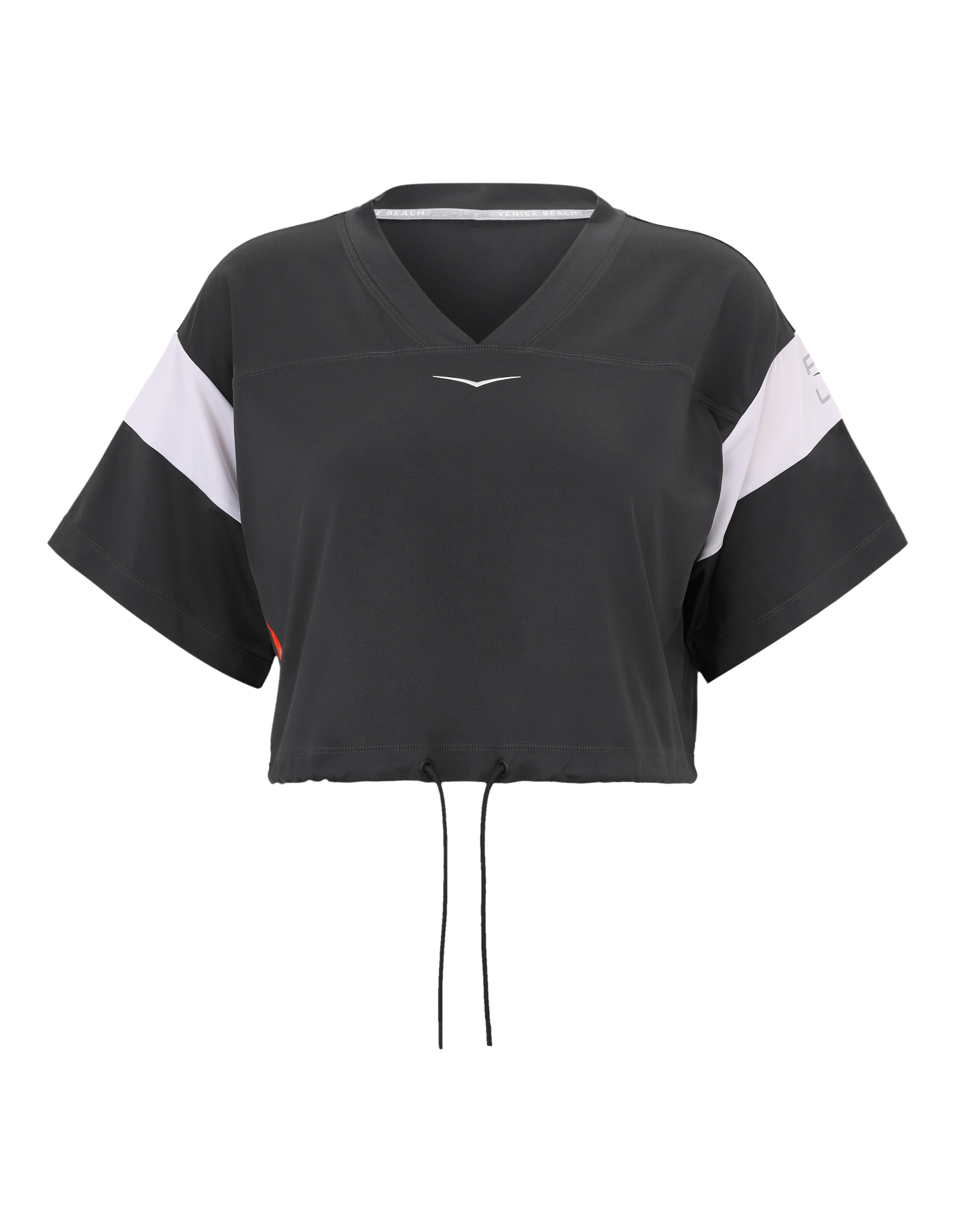 Schwarzes, kurzes Sporttop mit weißen und roten Akzenten, perfekt für Freizeitkleidung.