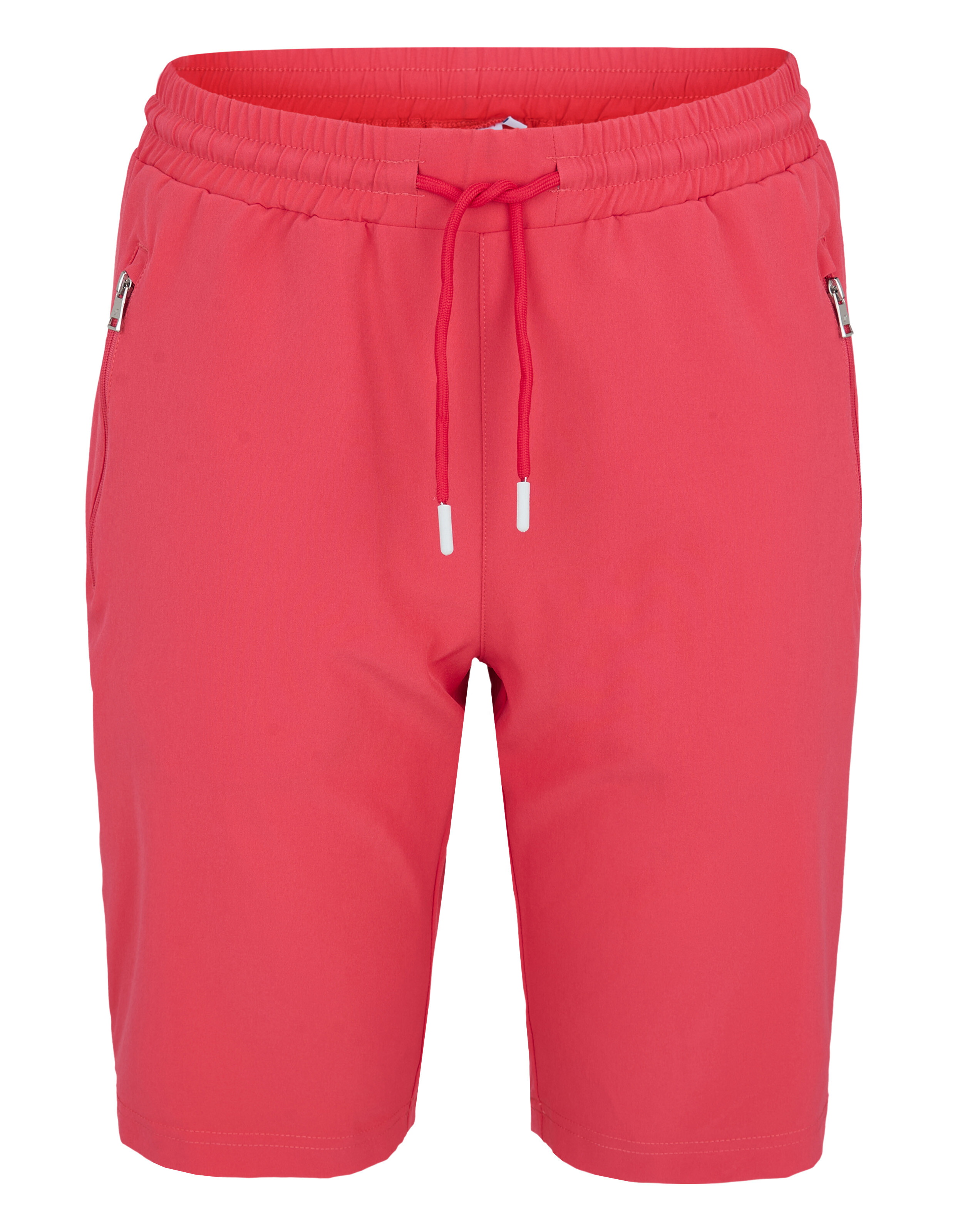 Eine rote kurze Hose mit Kordelzug und Reißverschlusstaschen.